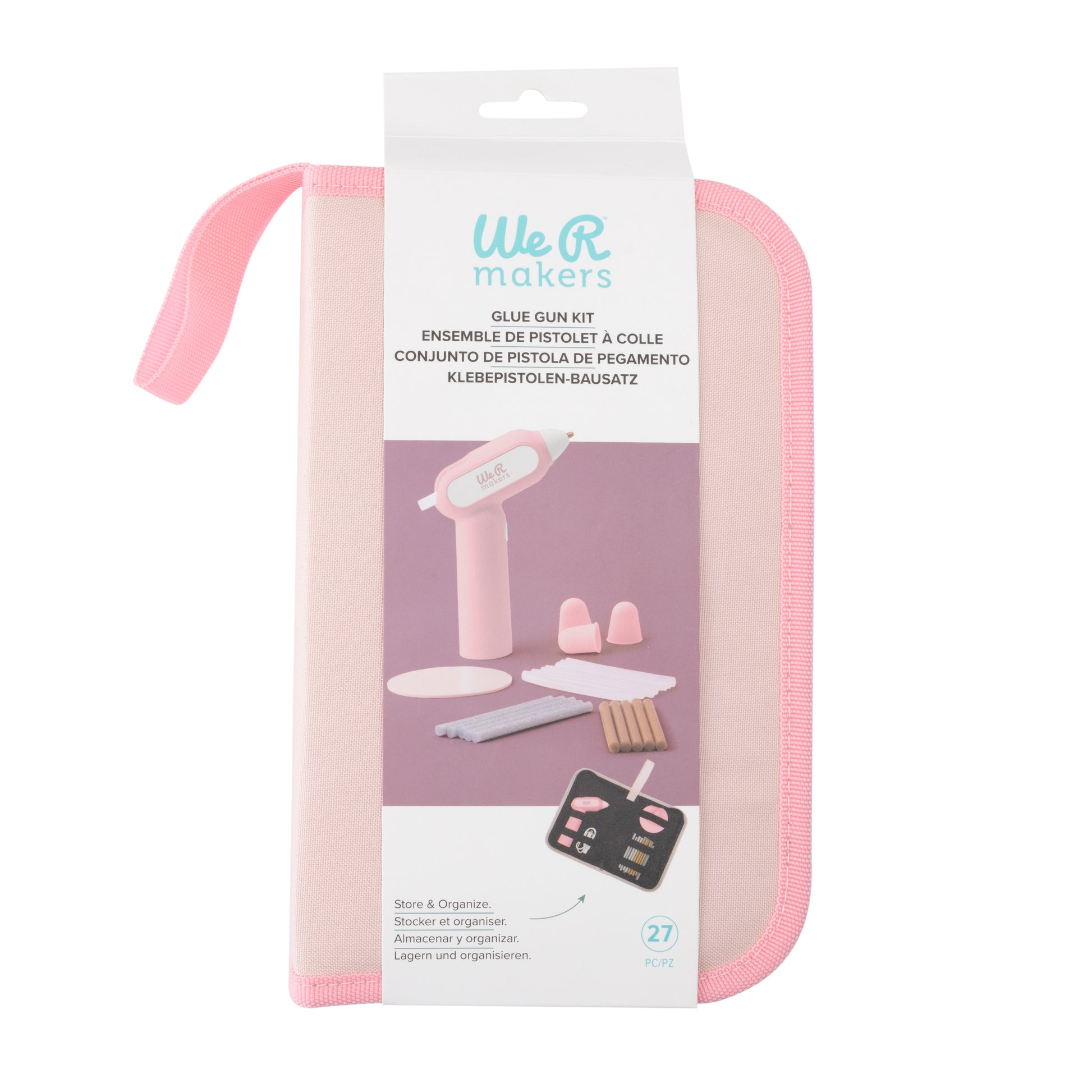 Front of packaging for the We R Makers Creative Flow Pink Glue Gun Kit