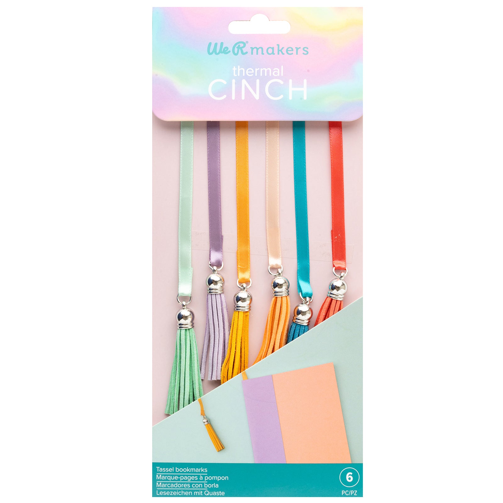 Front of packaging for We R Makers Thermal Cinch Rainbow Tassel Bookmarks - 6 Pack