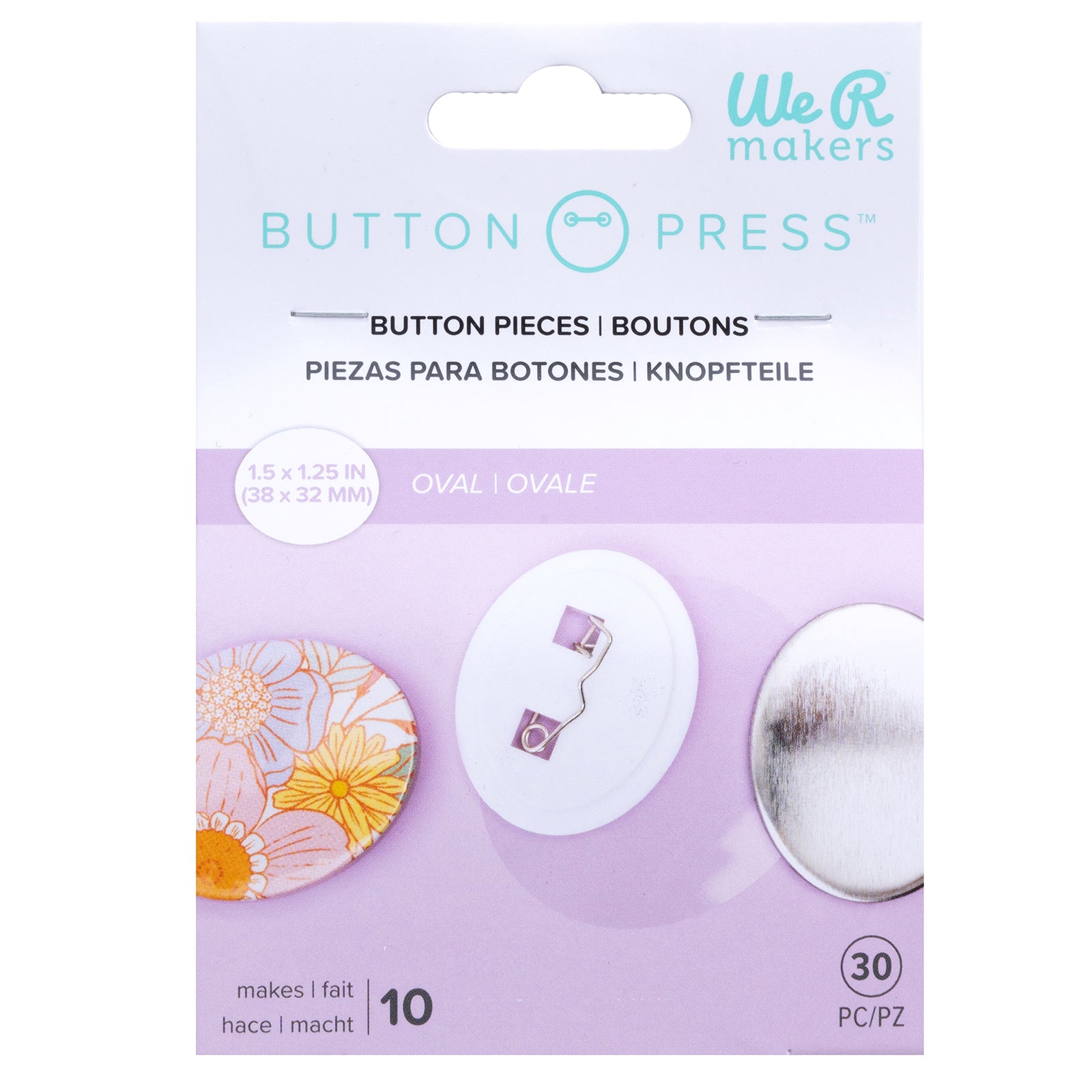 Front of packaging for We R Makers Button Press Small Oval Pin Refill - 10 Pack