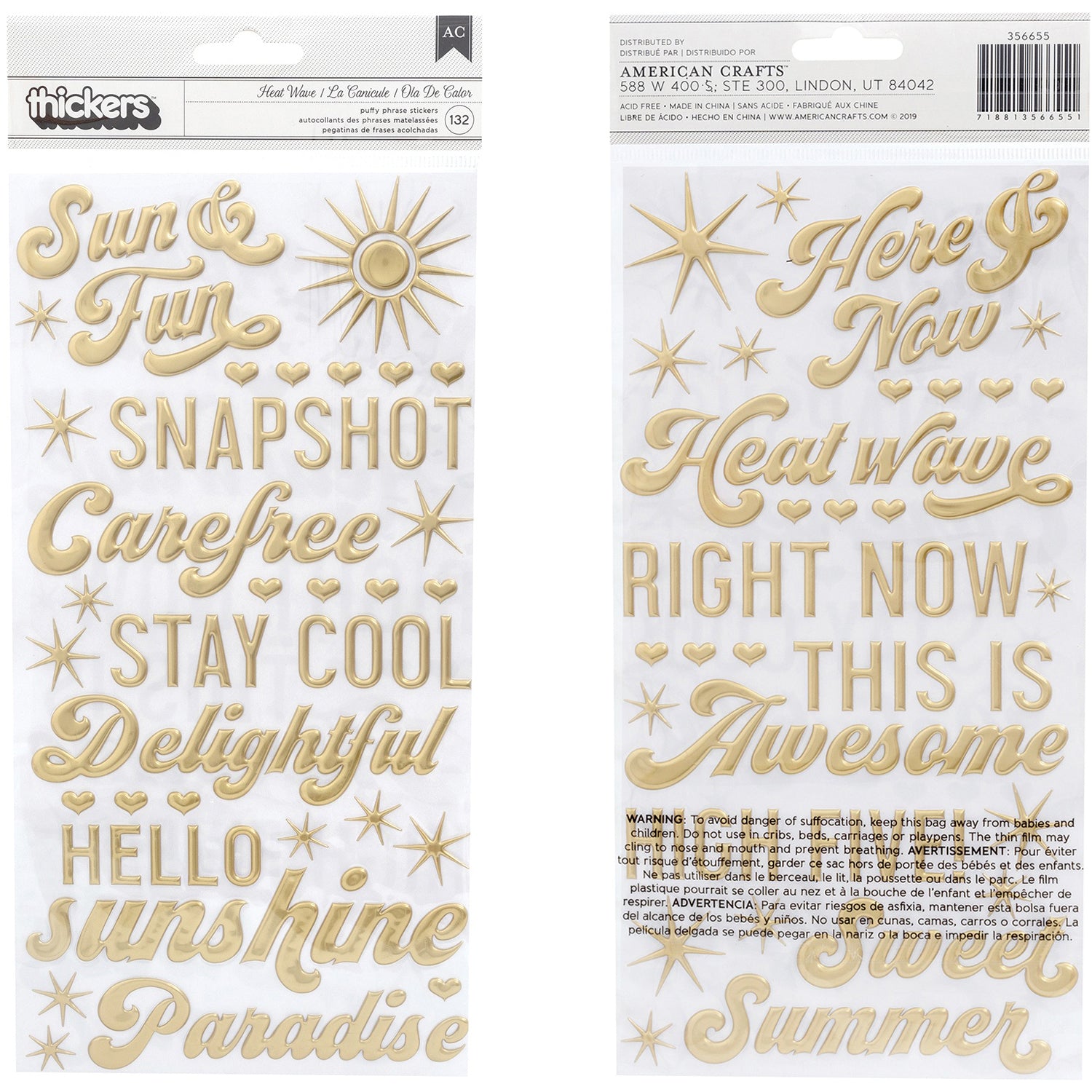 Thickers Dear Lizzy Here & Now Heat Wave Puffy Phrase Stickers - Gold Foil, 132pcs