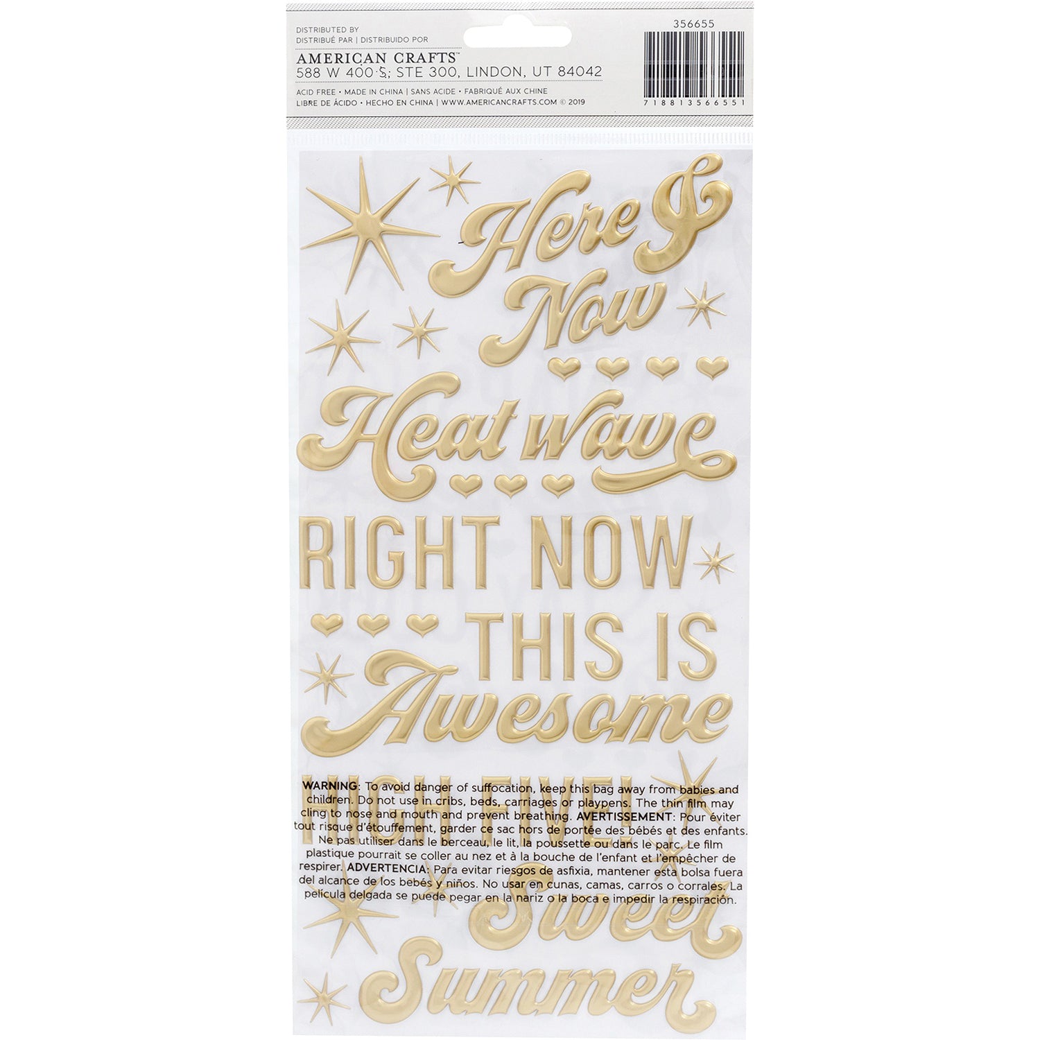 Thickers Dear Lizzy Here & Now Heat Wave Puffy Phrase Stickers - Gold Foil, 132pcs
