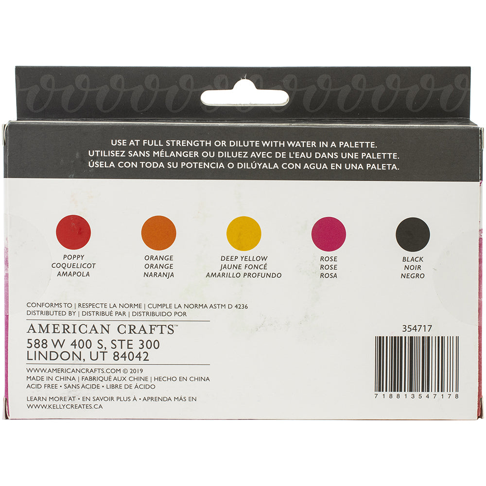 Kelly Creates Liquid Watercolor Set 5/Pkg-Poppy, Orange, Deep Yellow, Rose & Black