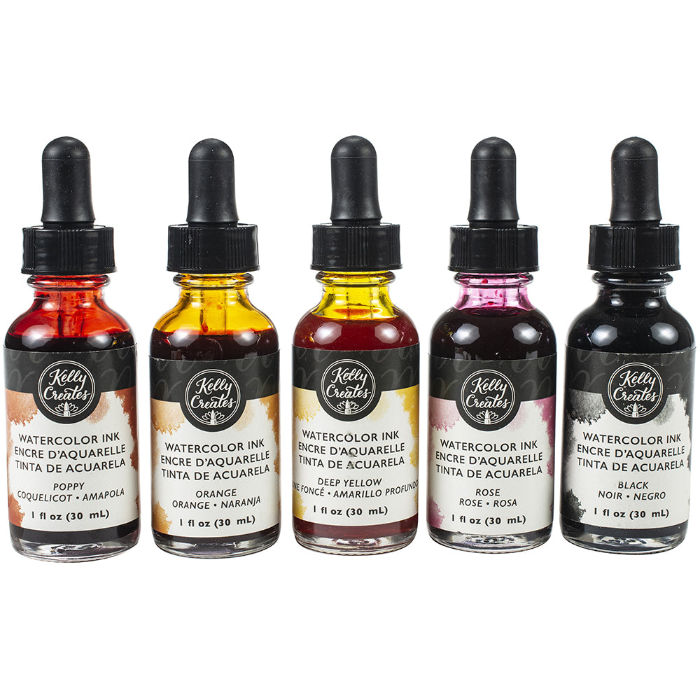 Kelly Creates Liquid Watercolor Set 5/Pkg-Poppy, Orange, Deep Yellow, Rose & Black