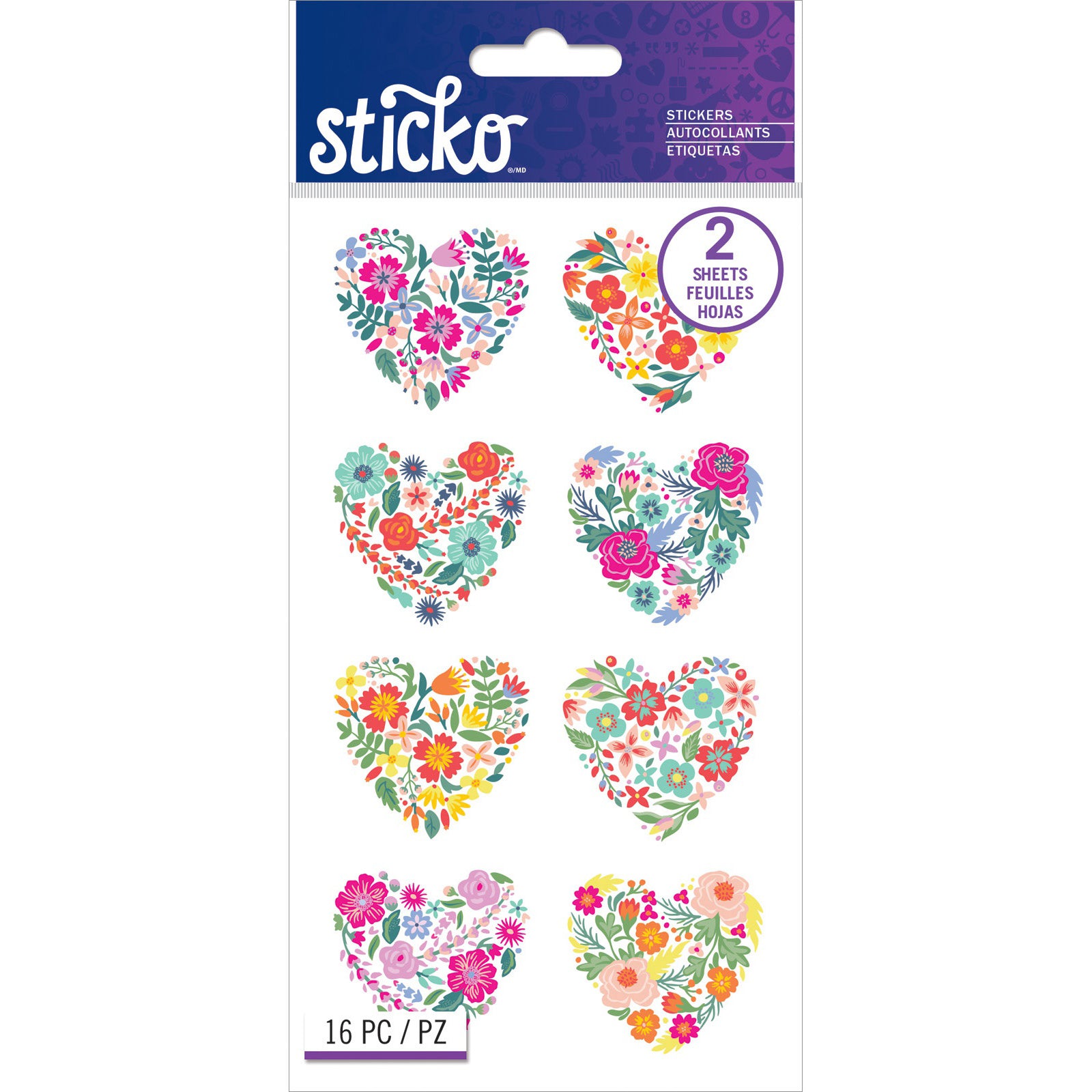 Sticko Flat Stickers - Floral Hearts, 16pcs