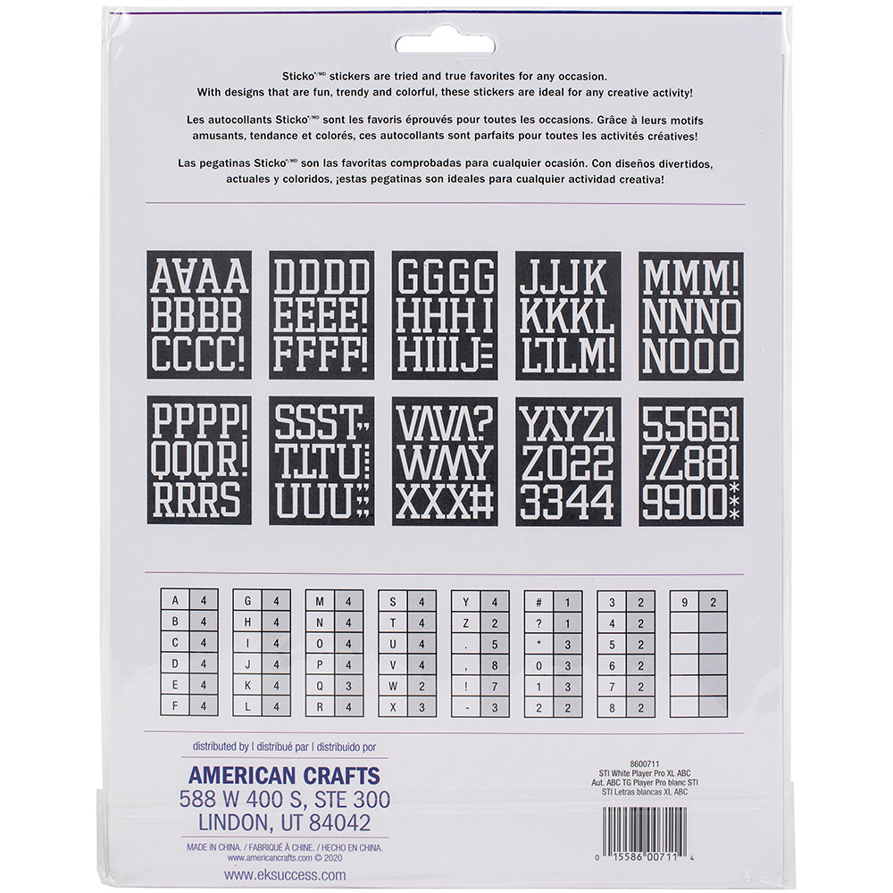 Sticko Alphabet Stickers - Pro Player XL, White, 148pcs