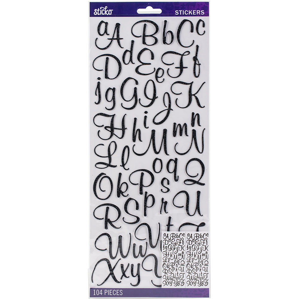 Sticko Alphabet Stickers - Script, Black Glitter, 104pcs