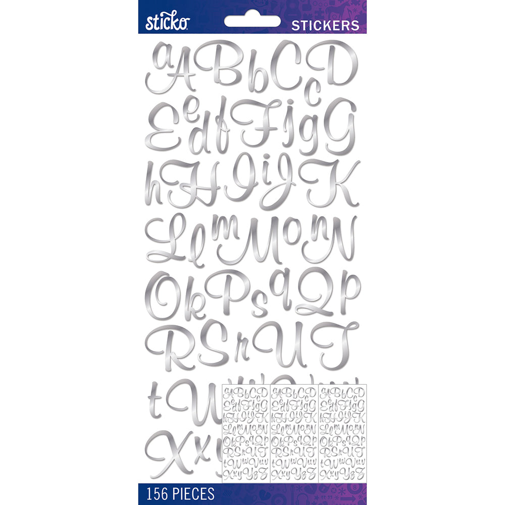 Sticko Alphabet Stickers - Script Medium, Silver Foil, 156pcs