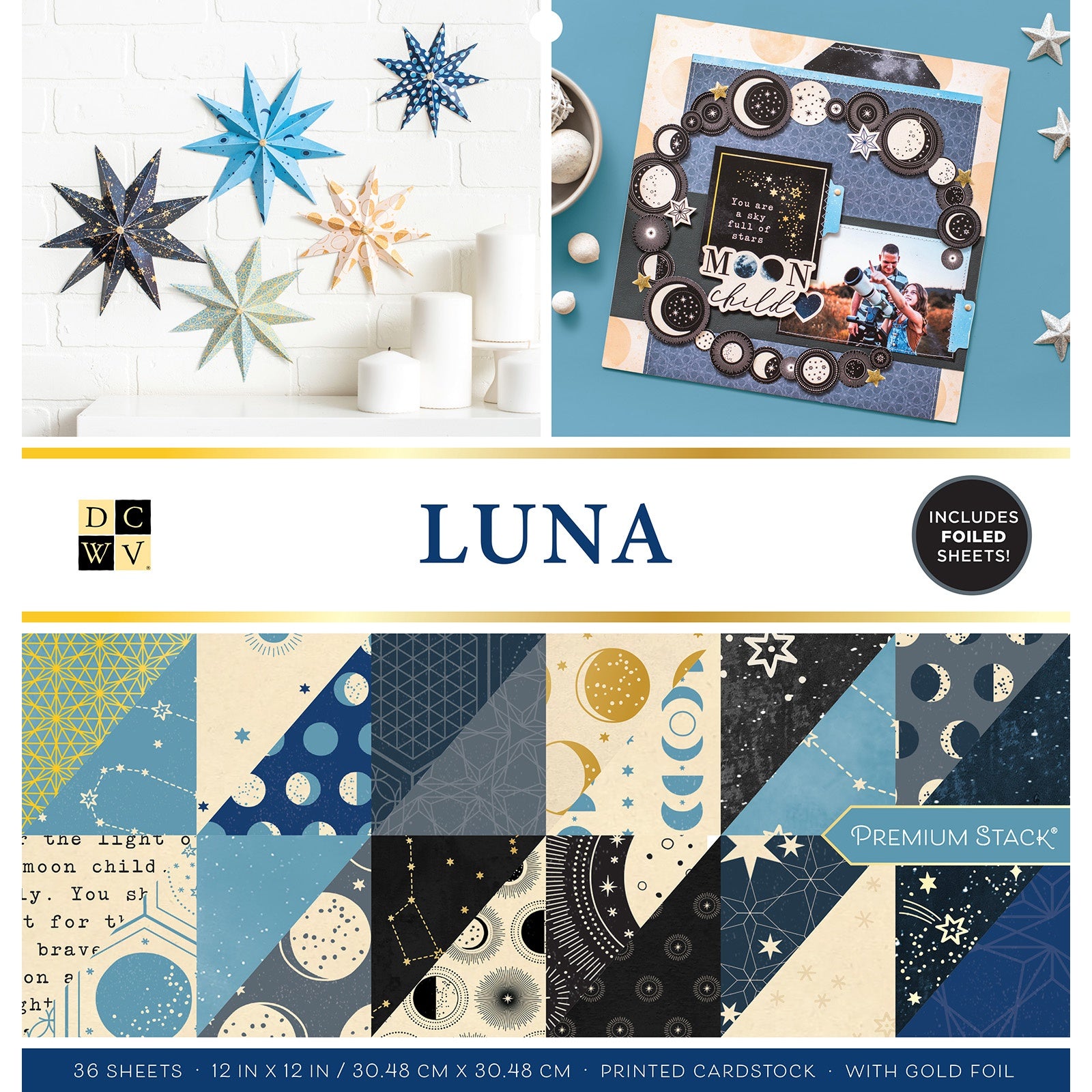 DCWV Double-Sided 12x12" Cardstock Stack - Luna, with Gold Foil