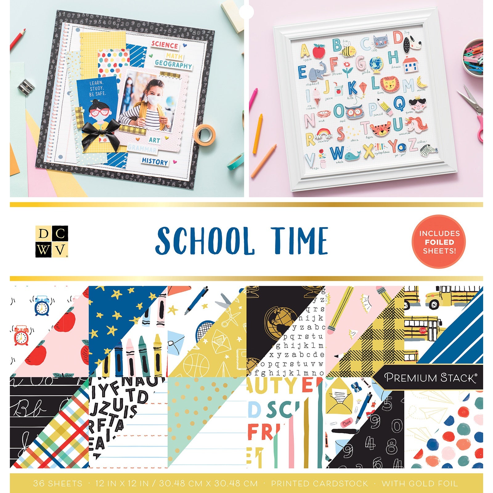DCWV Double-Sided 12x12" Cardstock Stack - School Time, with Gold Foil