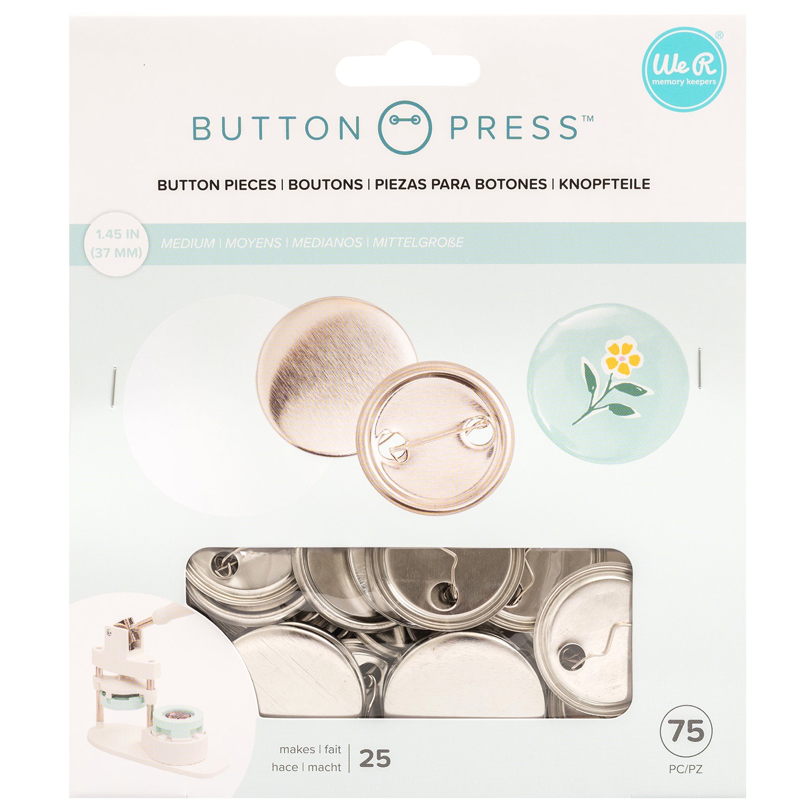 Front of packaging for We R Makers Button Press Large 58mm Button Pieces - 18 Pack