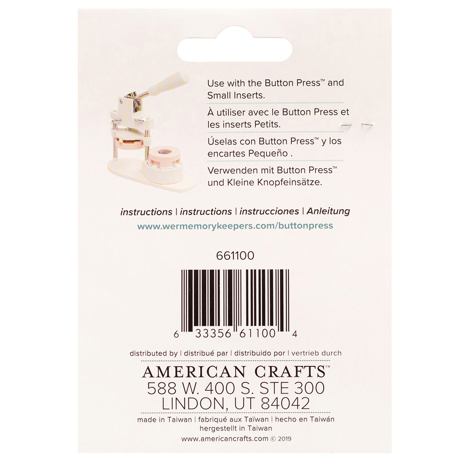 Back of packaging for We R Makers Button Press Small Circle 25mm Button Paper Clip Kit - 5 Pack