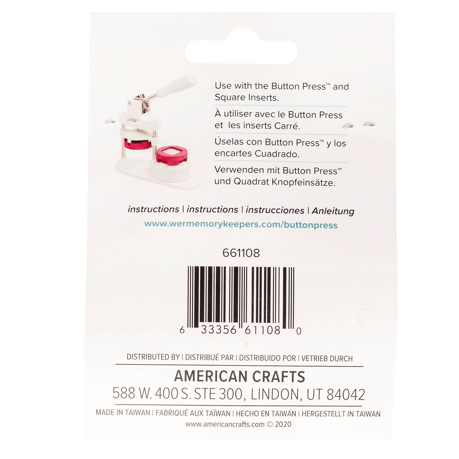 Back of packaging for We R Makers Button Press 31 mm Square Refill - 10 Pack