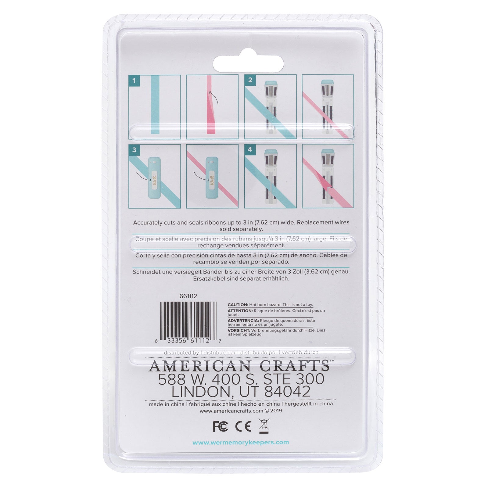 Back of packaging for We R Makers USB Ribbon Cutter