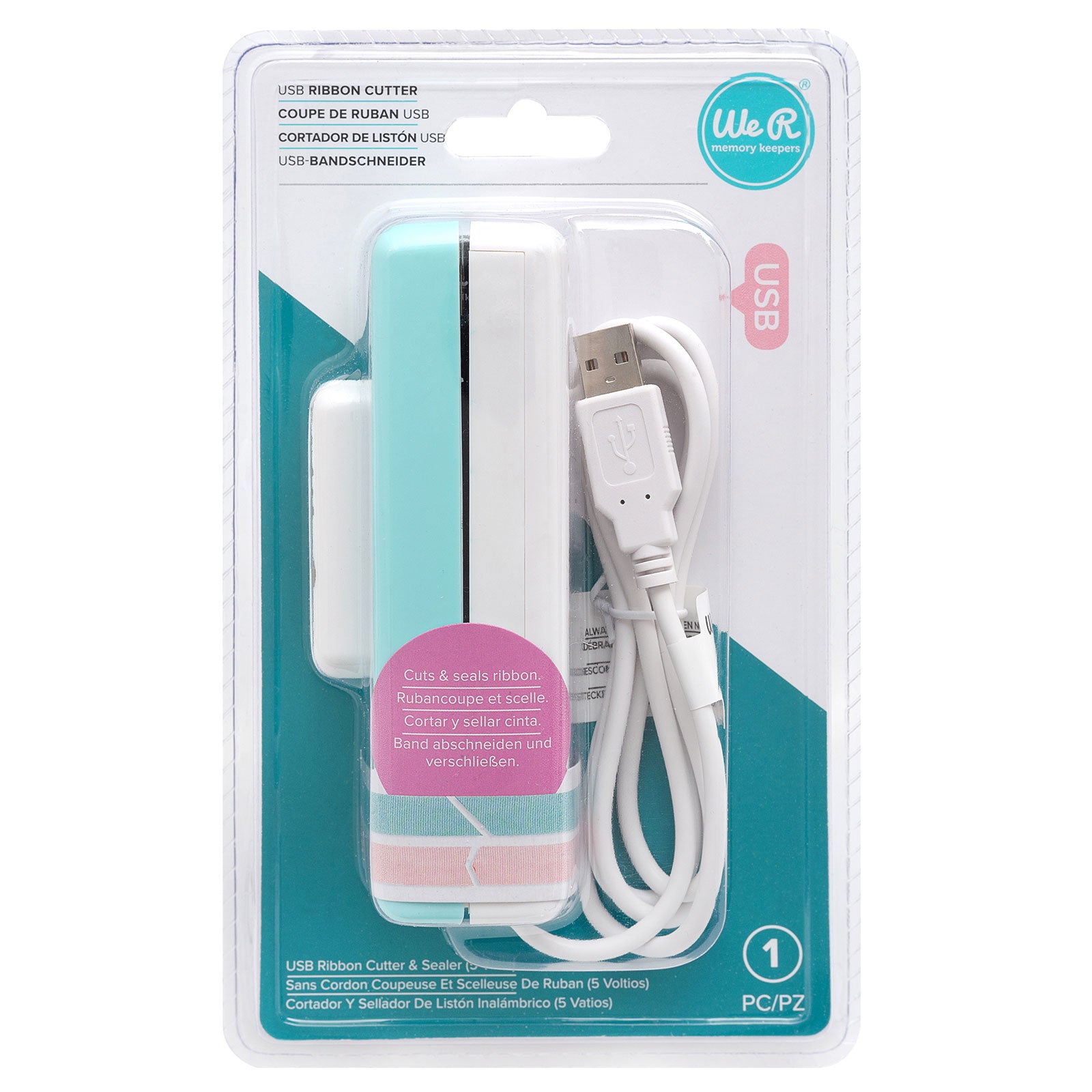 Front of packaging for We R Makers USB Ribbon Cutter