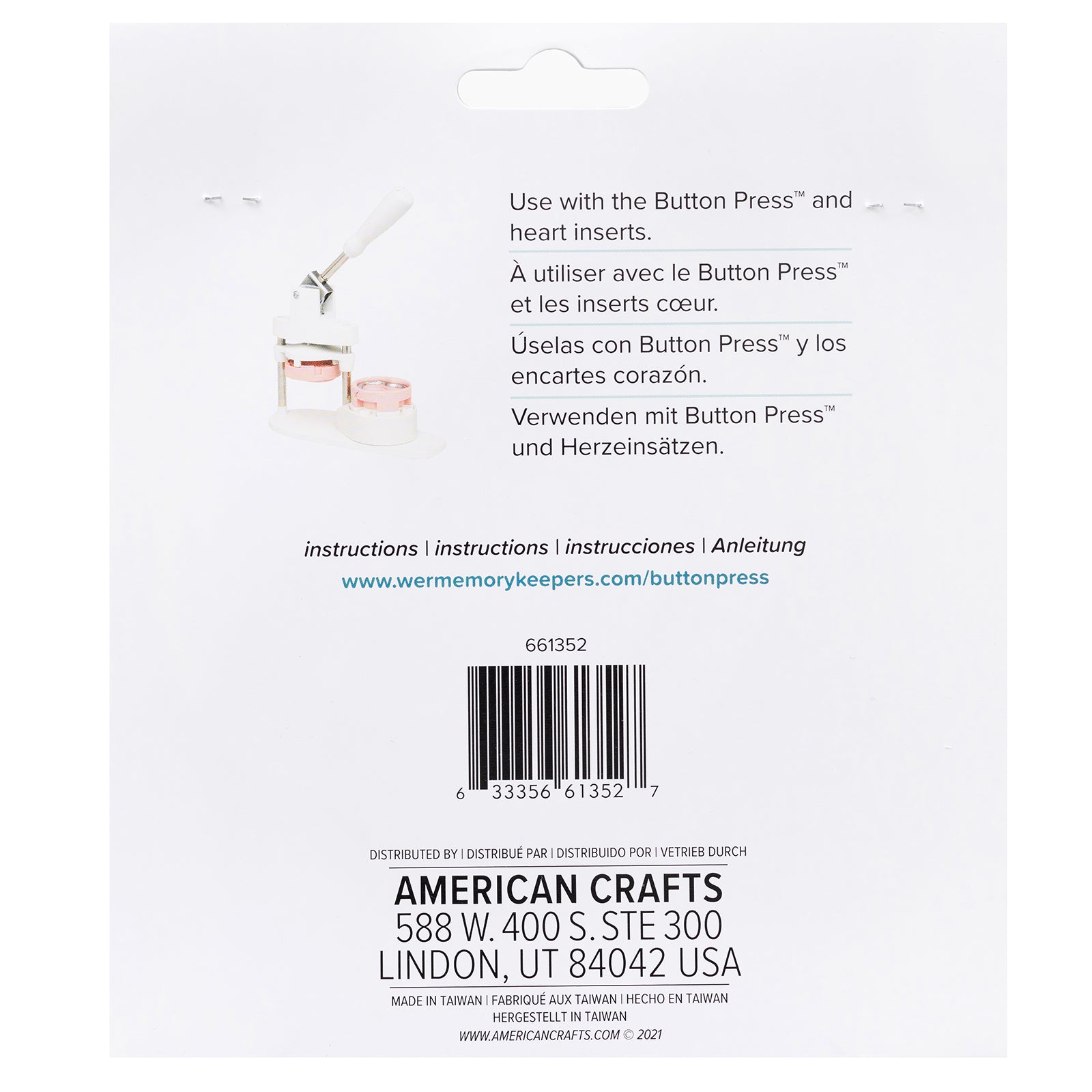 Back of packaging for We R Makers Button Press 58mm Heart Refill Pack - 9 Pack
