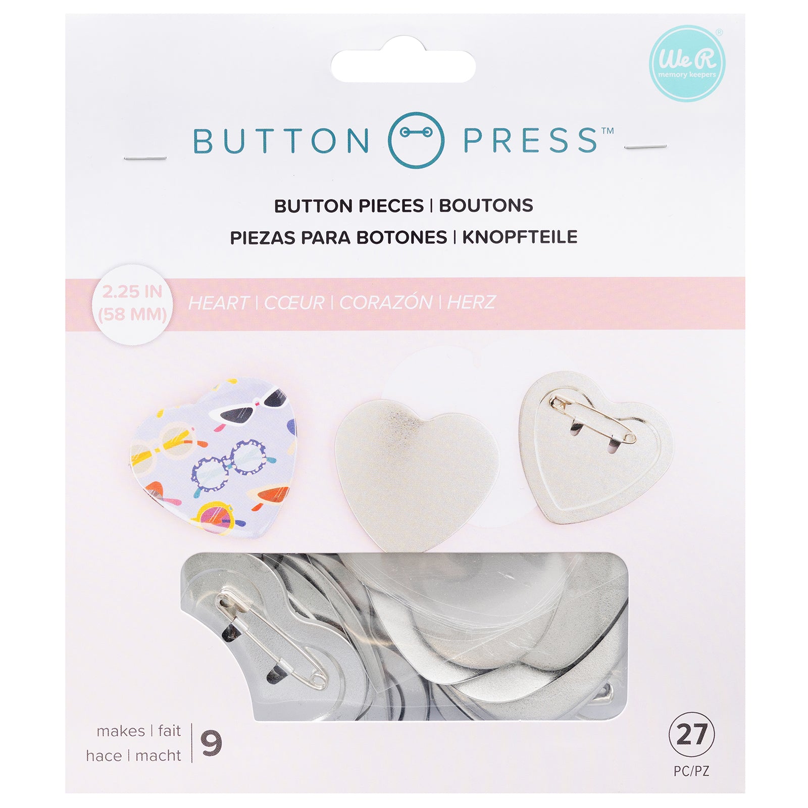 Front of packaging for We R Makers Button Press 58mm Heart Refill Pack - 9 Pack
