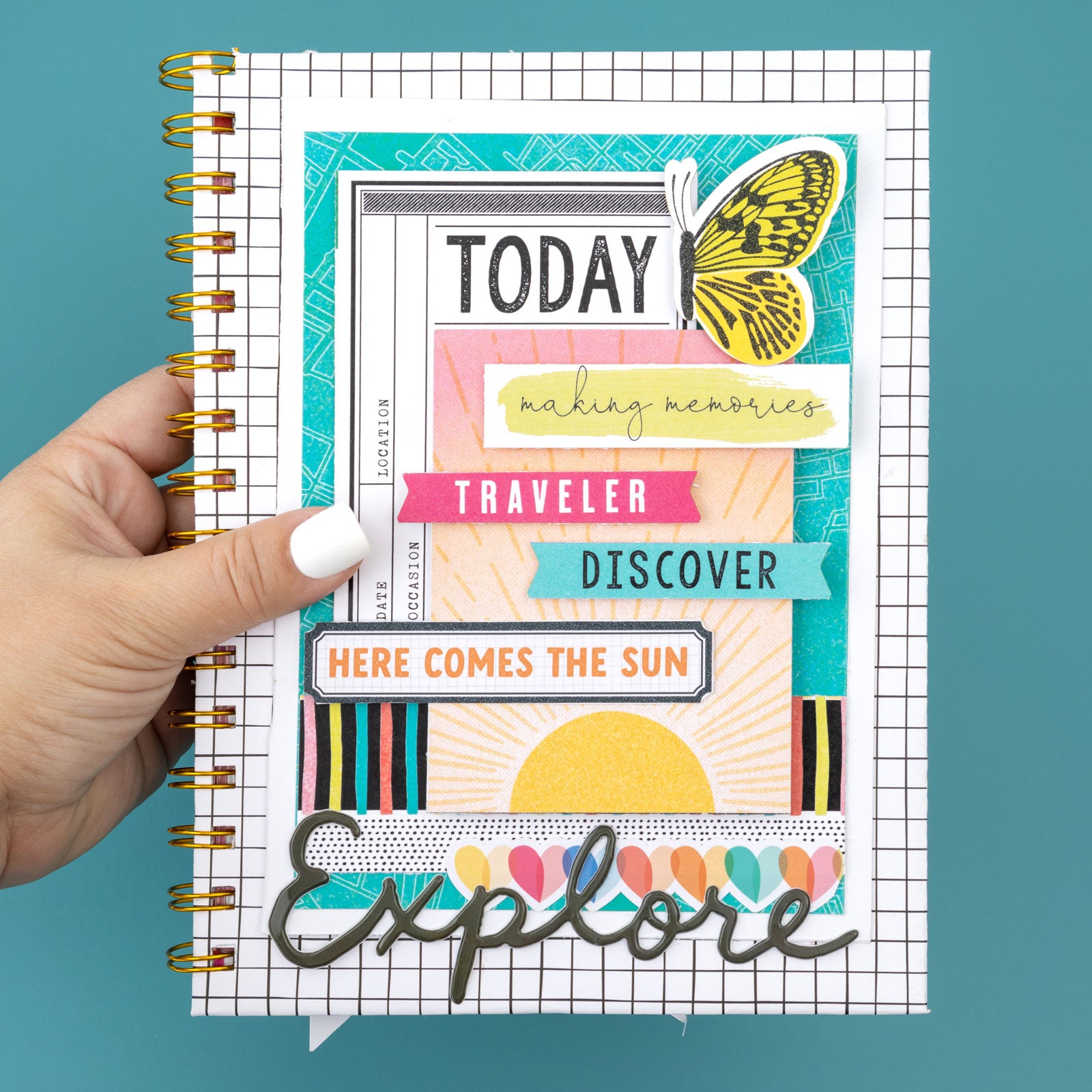 Lifestyle images of handmade notebook made with gold Cinch wire