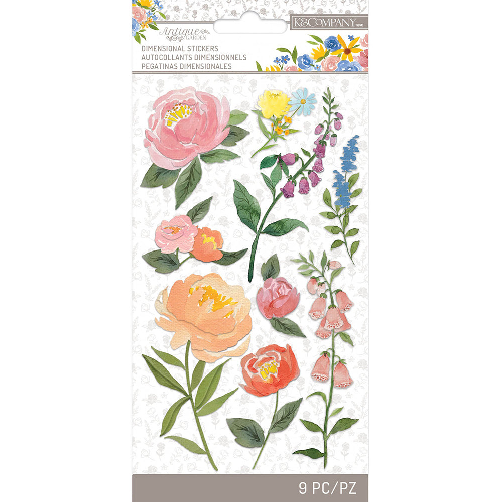 K&Company Antique Garden Dimensional Stickers - Floral Blooms, 9pcs