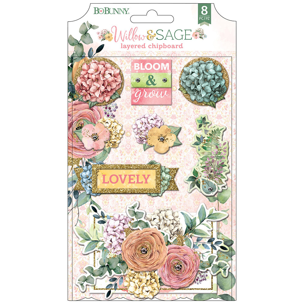 BoBunny Willow & Sage Layered Chipboard Stickers, 8pcs