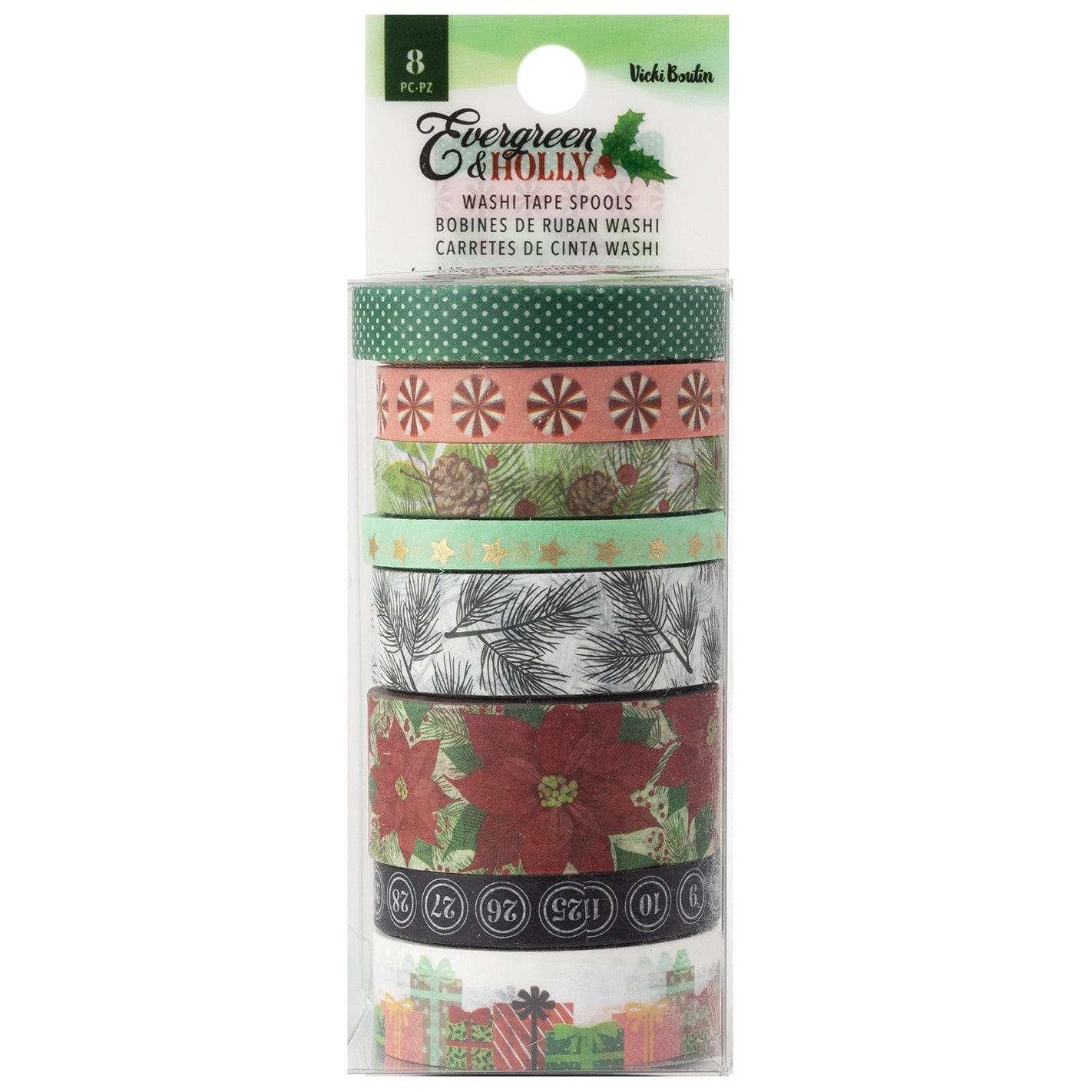 Vicki Boutin Evergreen & Holly Washi Tape with Gold Foil Accents - 8pcs