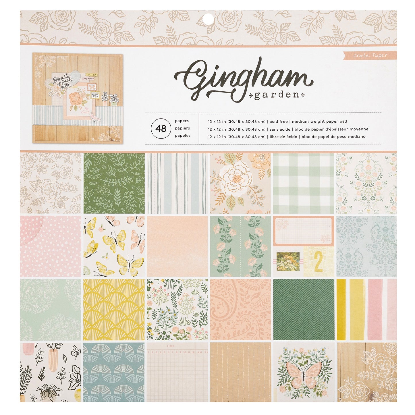 Crate Paper Single-Sided Paper Pad 12"X12" 48/Pkg-Gingham Gardens