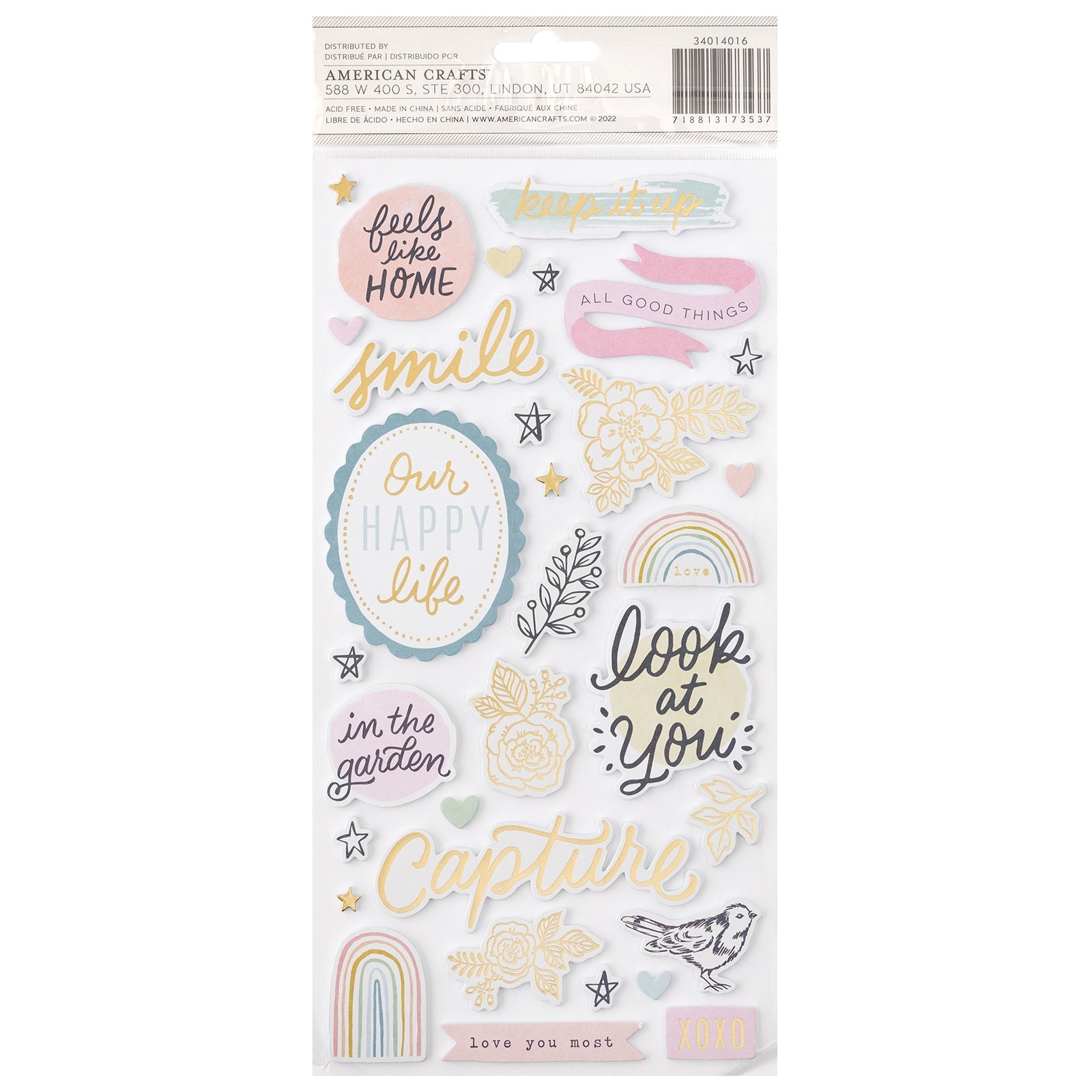 Gingham Garden Thickers Stickers 65/Pkg-Phrase W/Gold Foil