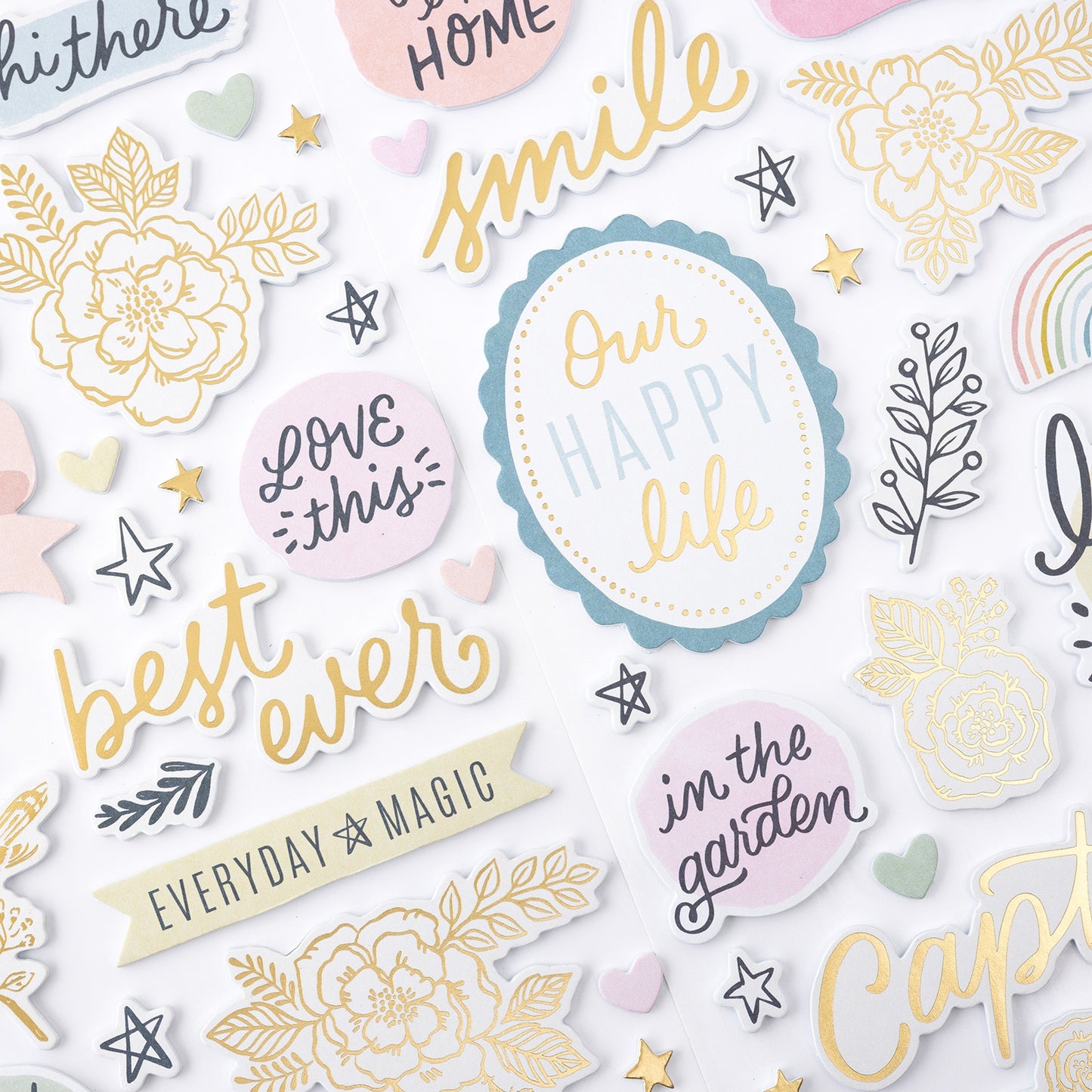 Gingham Garden Thickers Stickers 65/Pkg-Phrase W/Gold Foil