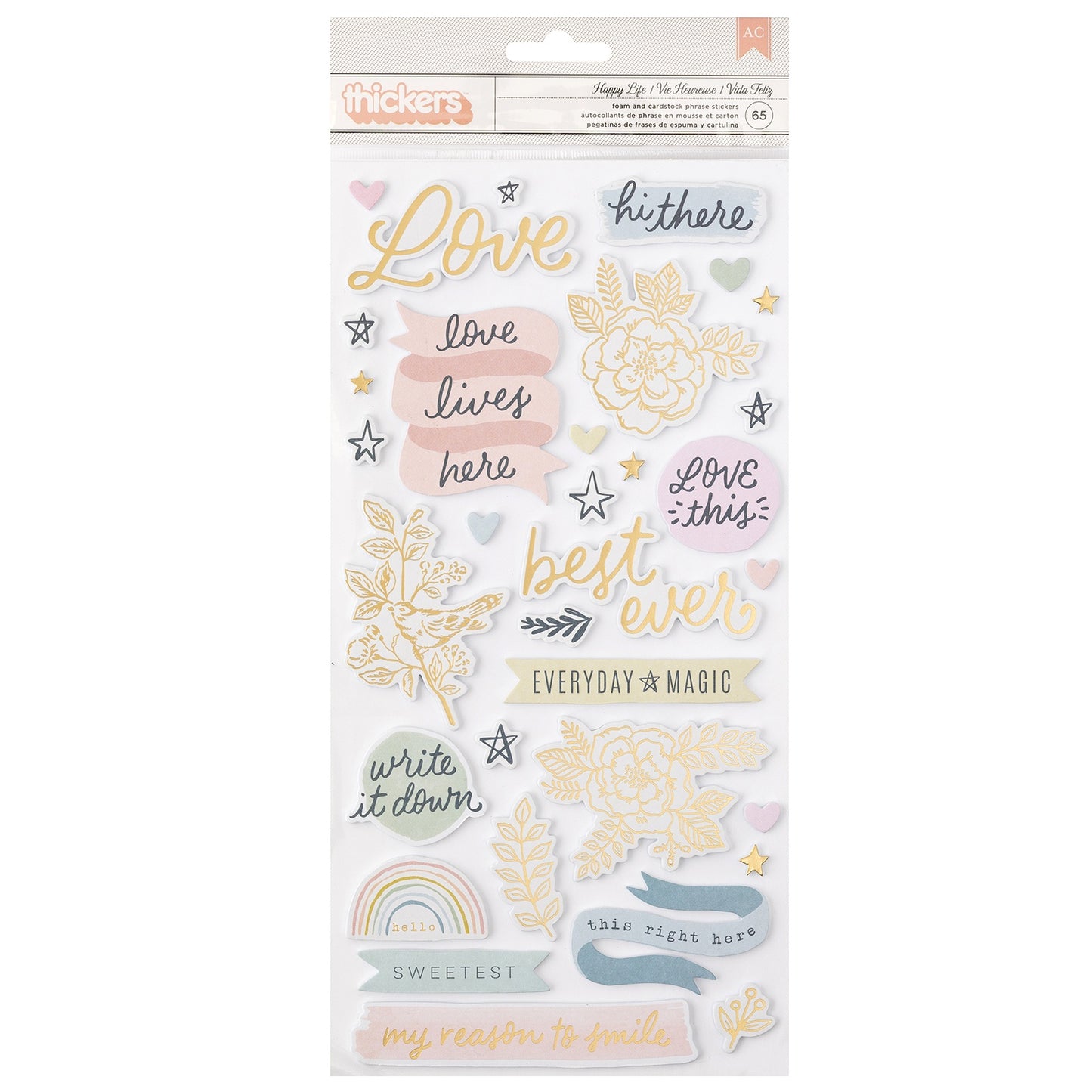 Gingham Garden Thickers Stickers 65/Pkg-Phrase W/Gold Foil