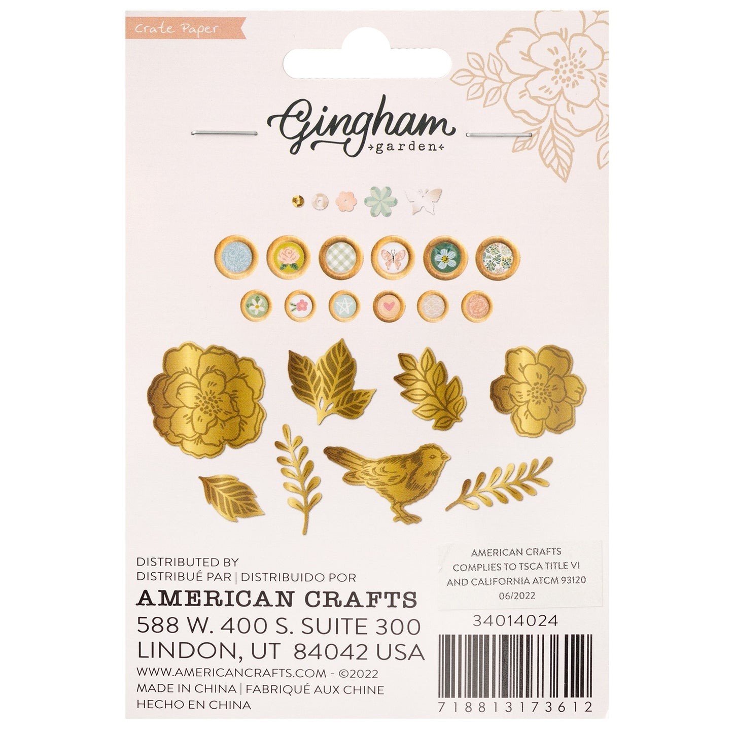 Gingham Garden Embellishment Buttons 20/Pkg-W/Gold Foil