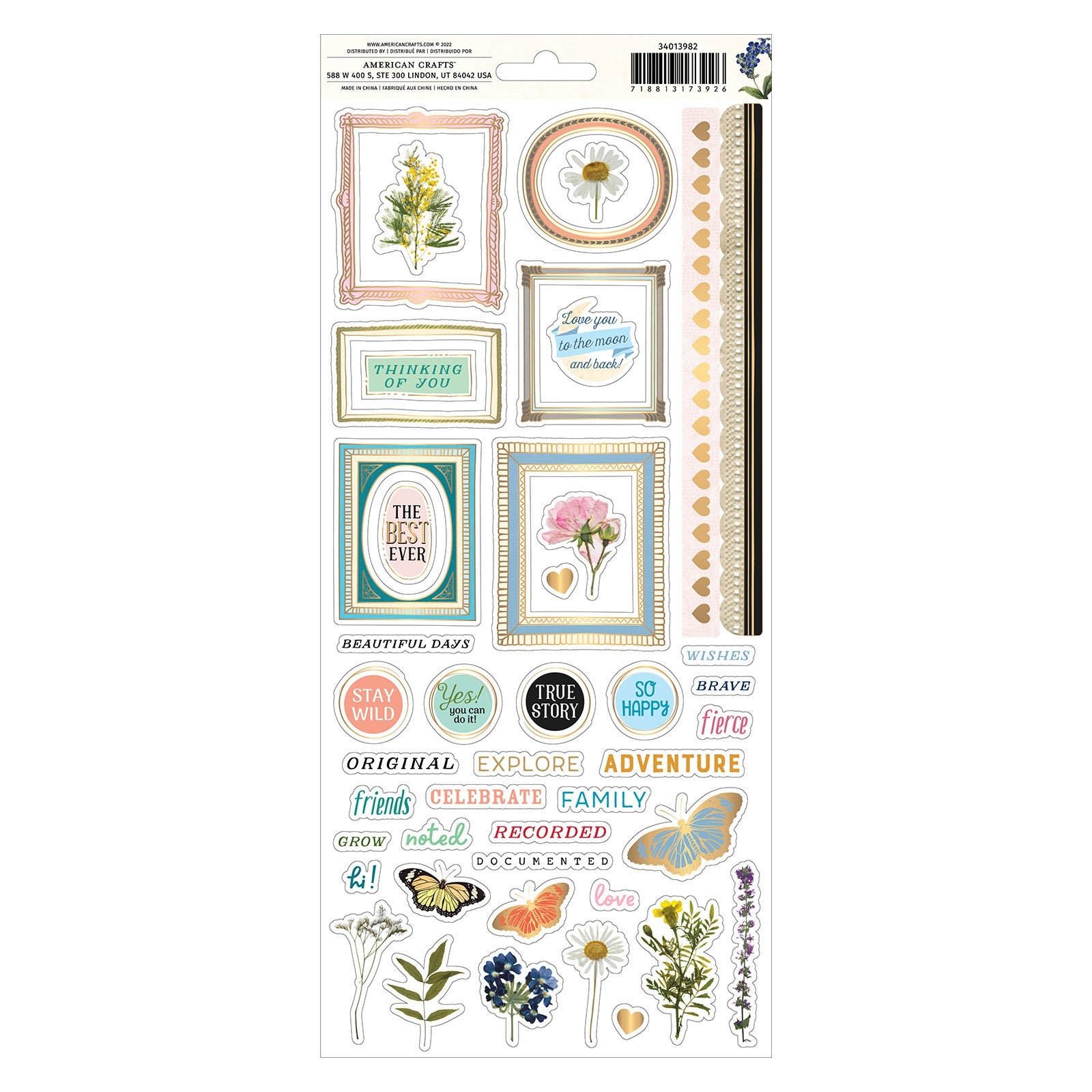 BoBunny Brighton Stickers 6"X12" Sheet 100/Pkg-W/Gold Foil