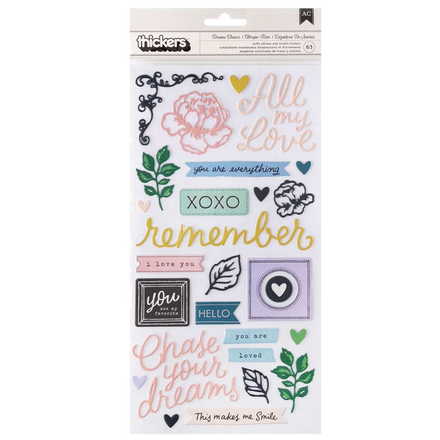 Maggie Holmes Woodland Grove Thickers Stickers 63/Pkg-Dream Chaser Phrase/Puffy