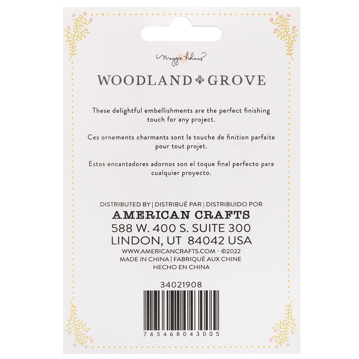 Maggie Holmes Woodland Grove Charm Pins 3/Pkg-W/Gold Foil