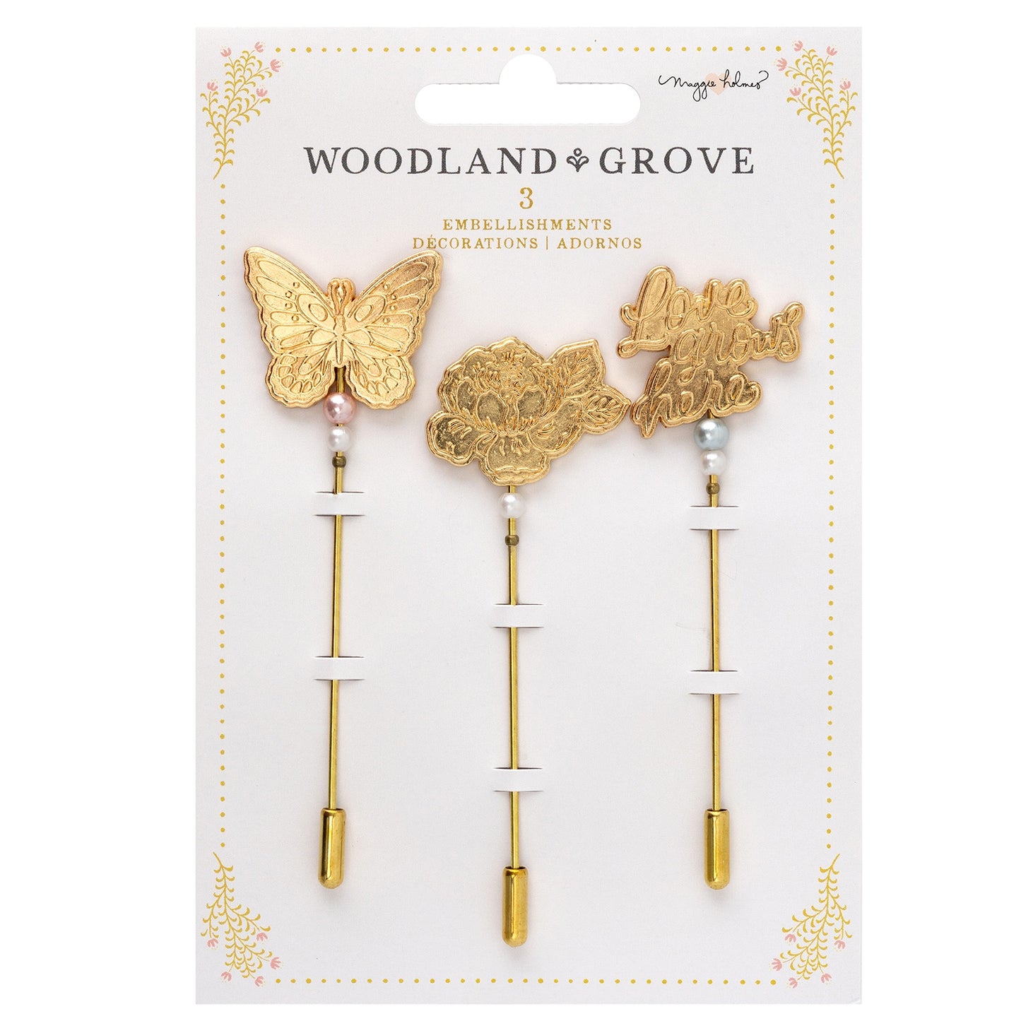 Maggie Holmes Woodland Grove Charm Pins 3/Pkg-W/Gold Foil