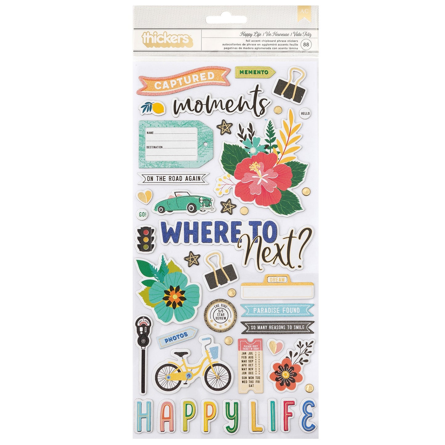 Vicki Boutin Where To Next Thickers Stickers 88/Pkg-Happy Life Phrase/Chipboard