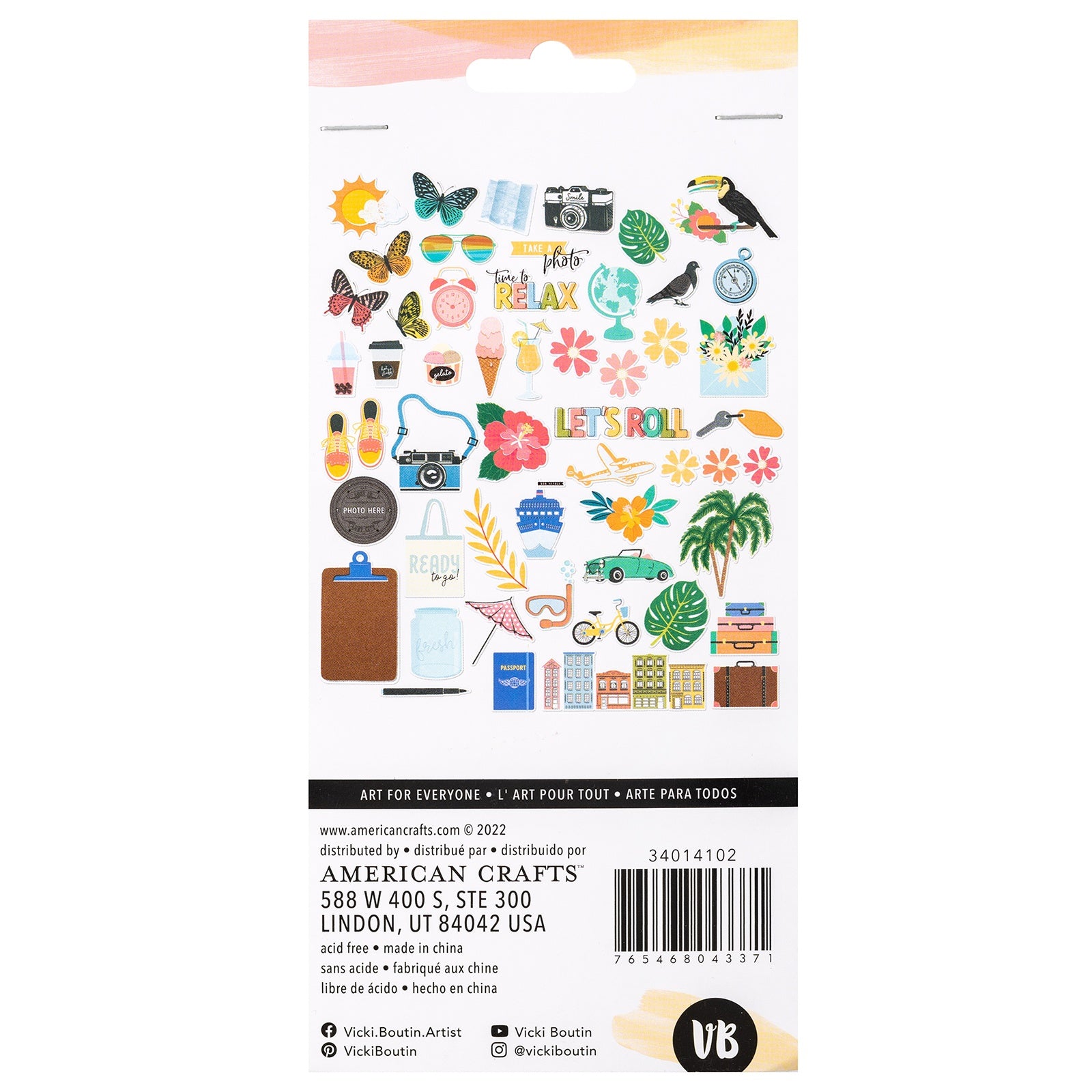 Back of packaging for American Crafts Vicki Boutin Where to Next Ephemera Icon Die Cut Shapes - 50 Piece
