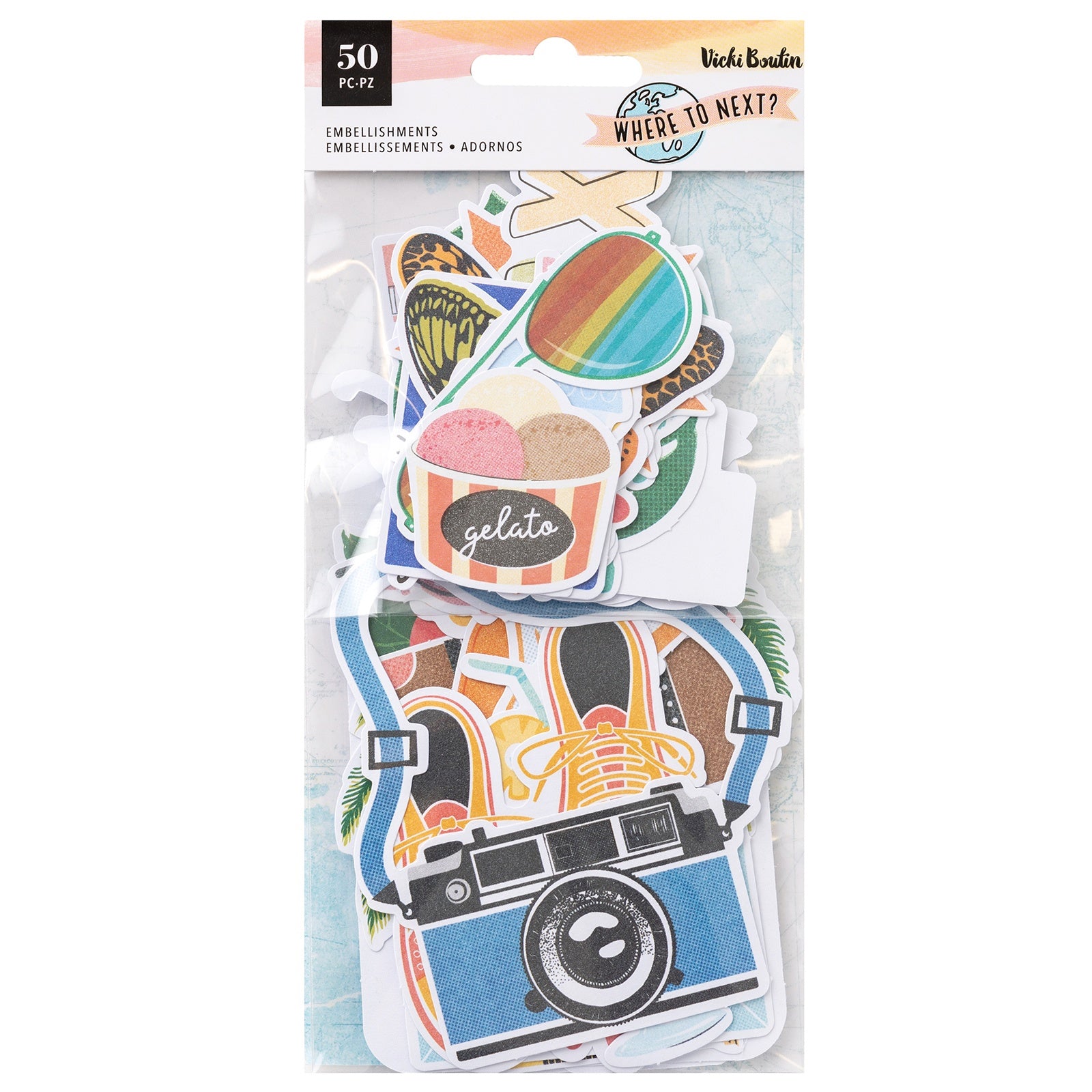Front of packaging for American Crafts Vicki Boutin Where to Next Ephemera Icon Die Cut Shapes - 50 Piece