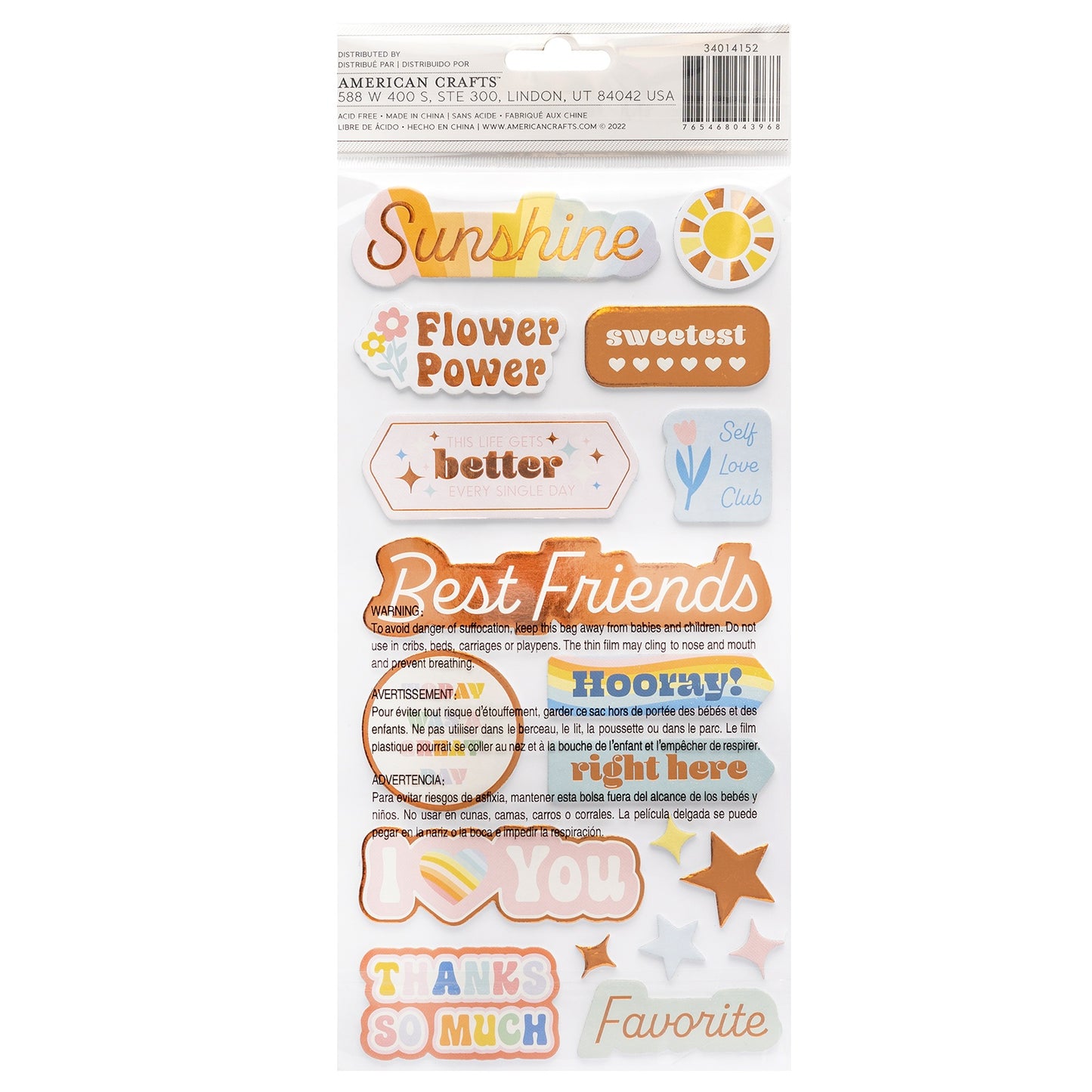 Jen Hadfield Flower Child Thickers Stickers 47/Pkg-Phrase W/Silver Holographic Foil
