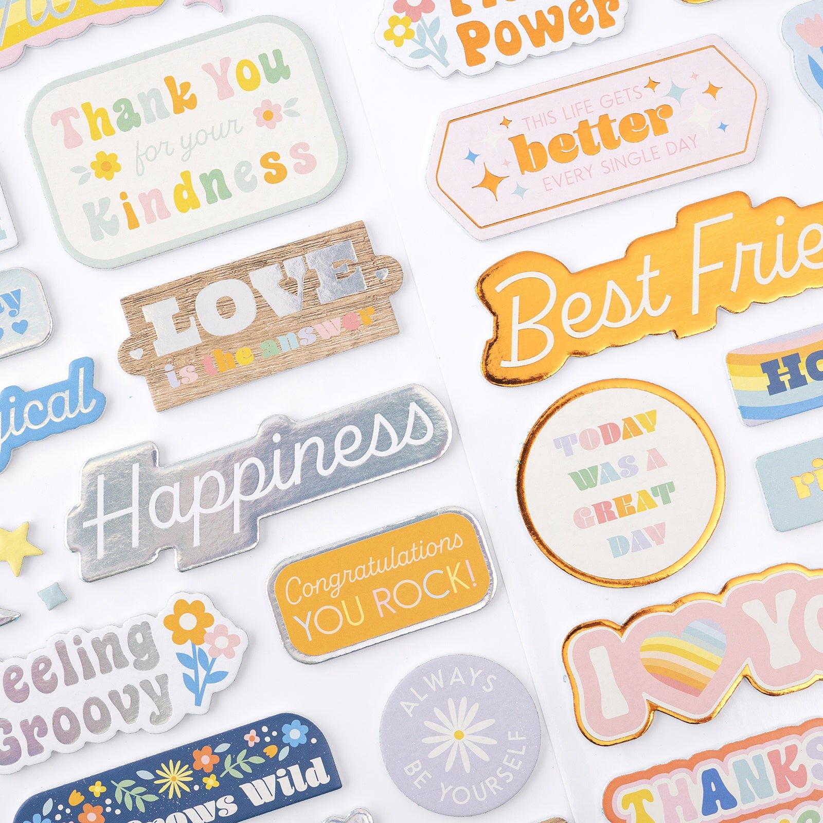 Jen Hadfield Flower Child Thickers Stickers 47/Pkg-Phrase W/Silver Holographic Foil