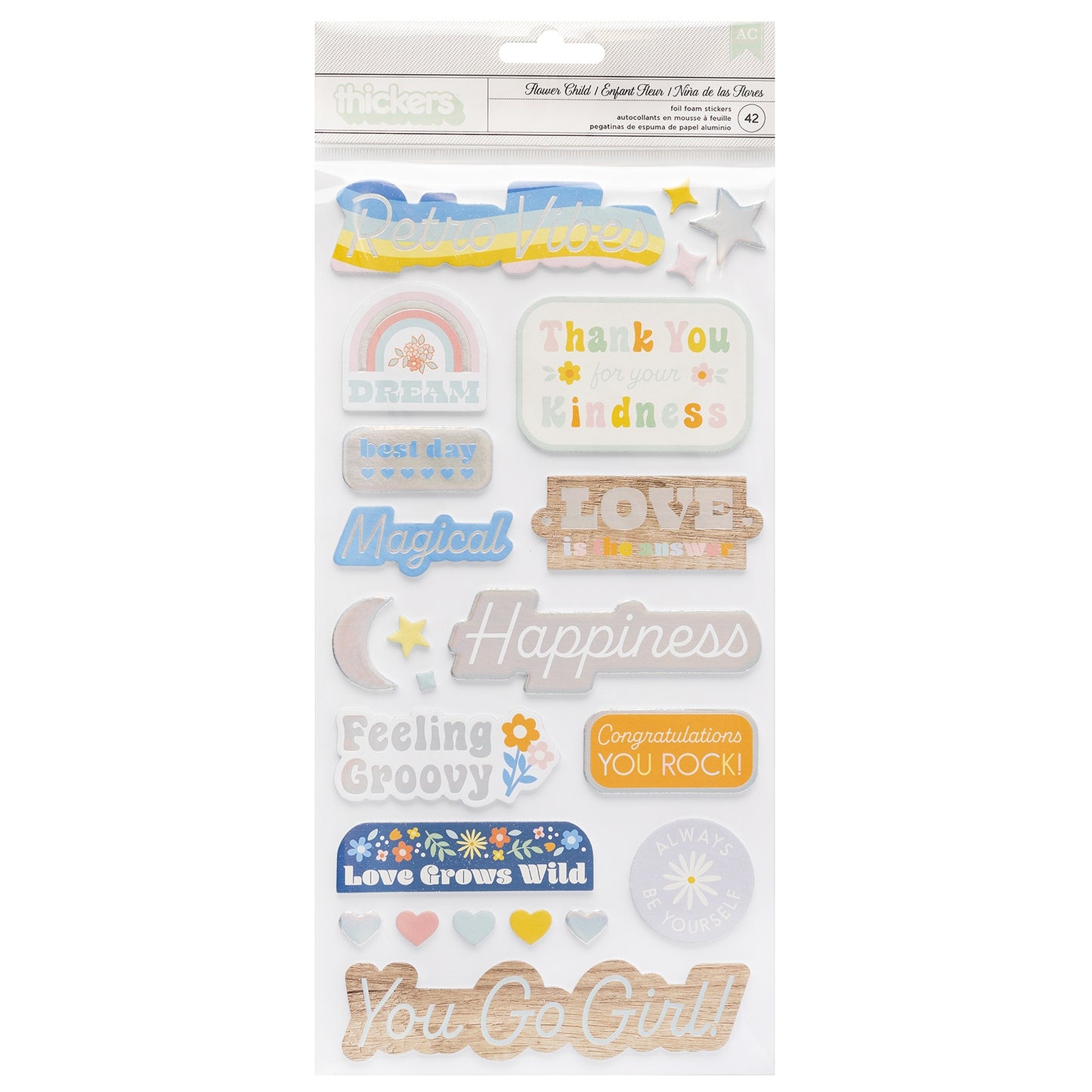 Jen Hadfield Flower Child Thickers Stickers 47/Pkg-Phrase W/Silver Holographic Foil