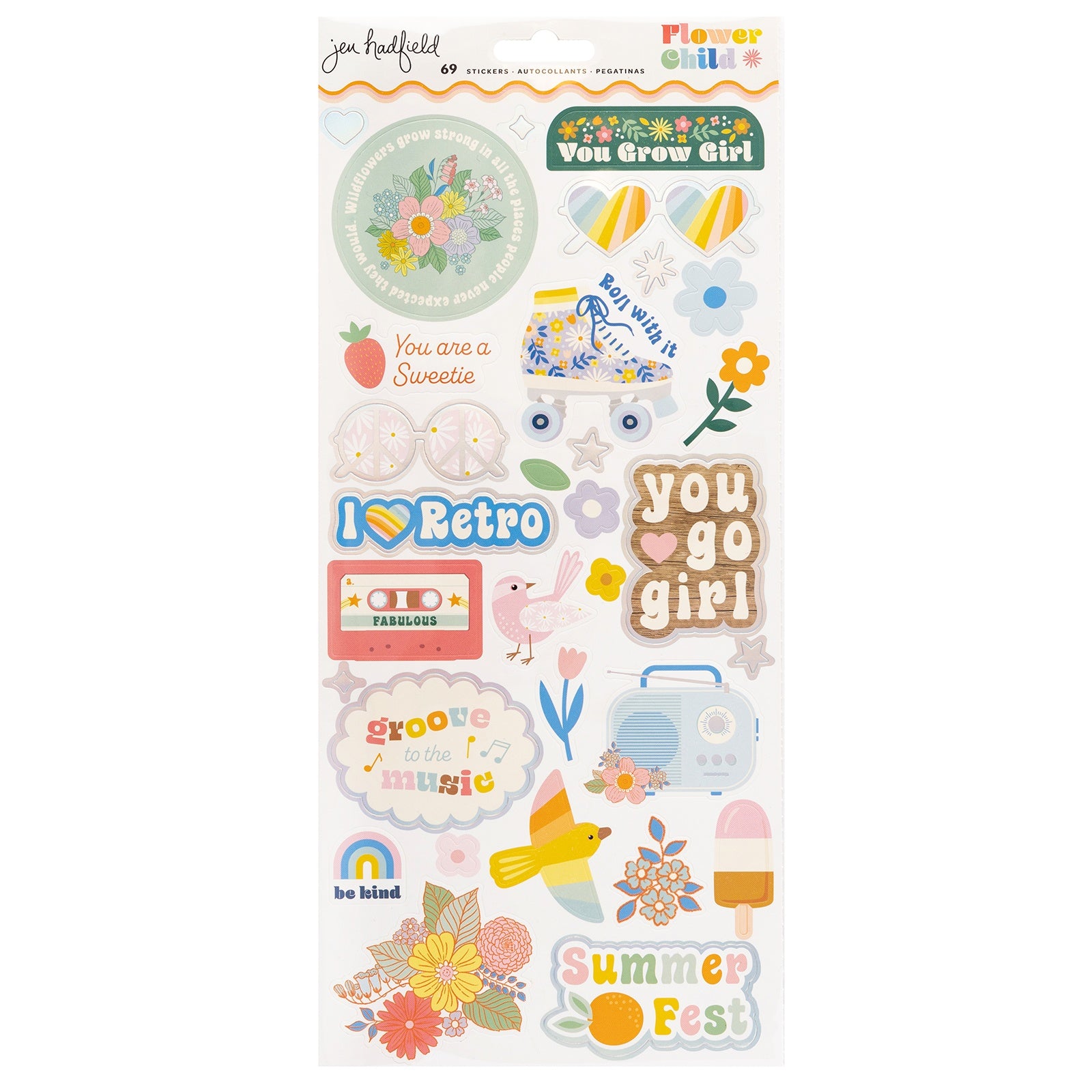 Jen Hadfield Flower Child Cardstock Stickers 6"X12" 69/Pkg-W/Silver Holographic Foil
