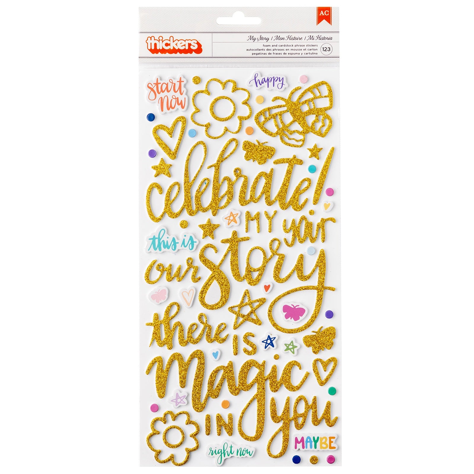 Shimelle Main Character Energy Thickers Gold Glitter Phrase Stickers, 123 pcs