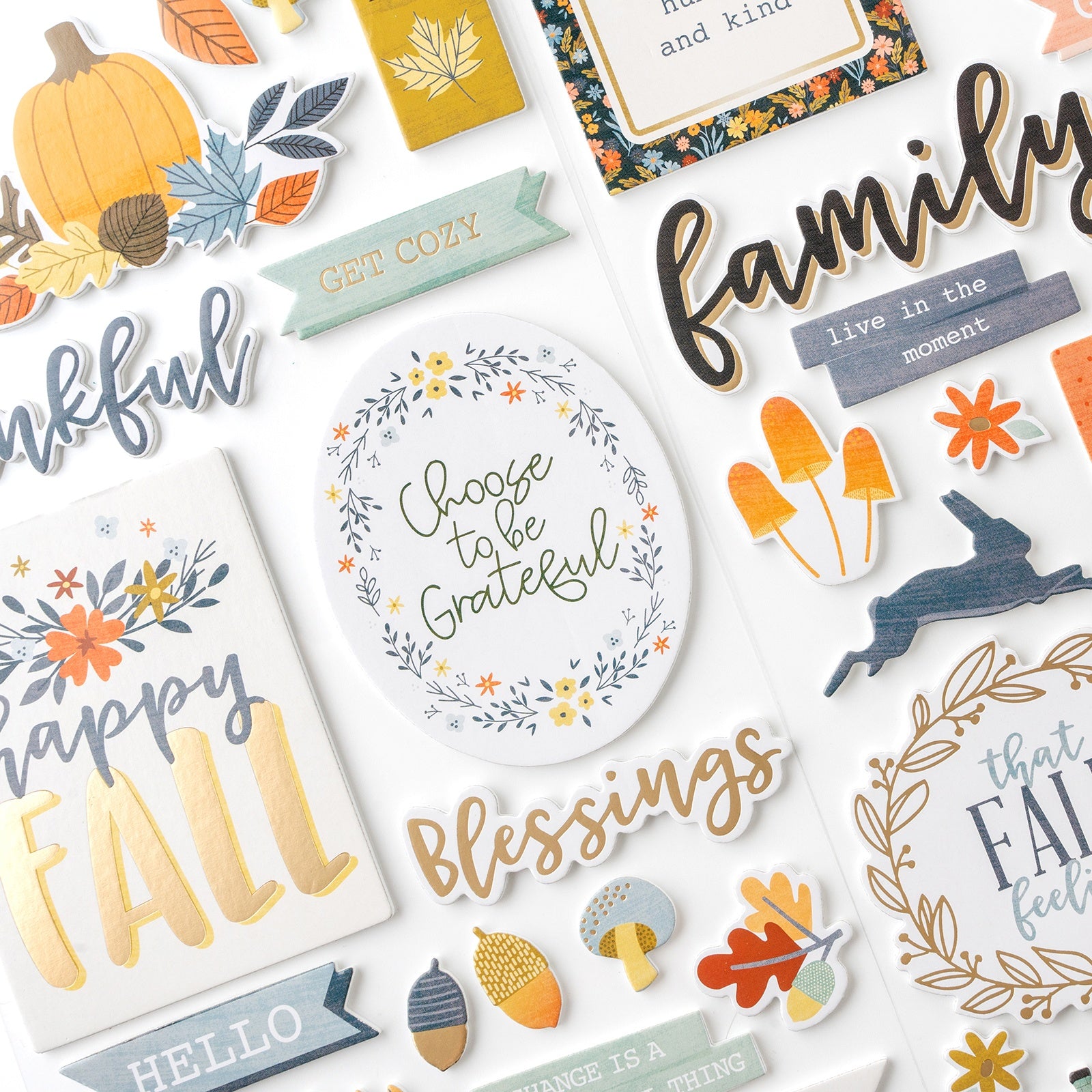 Farmstead Harvest Thickers Gold Foil Puffy Phrase Stickers, 46 pcs