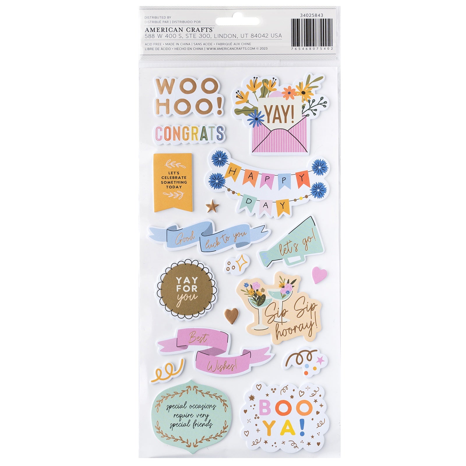 American Crafts Life Of The Party Thickers Stickers - Gold Foil Phrase,  34 Pieces