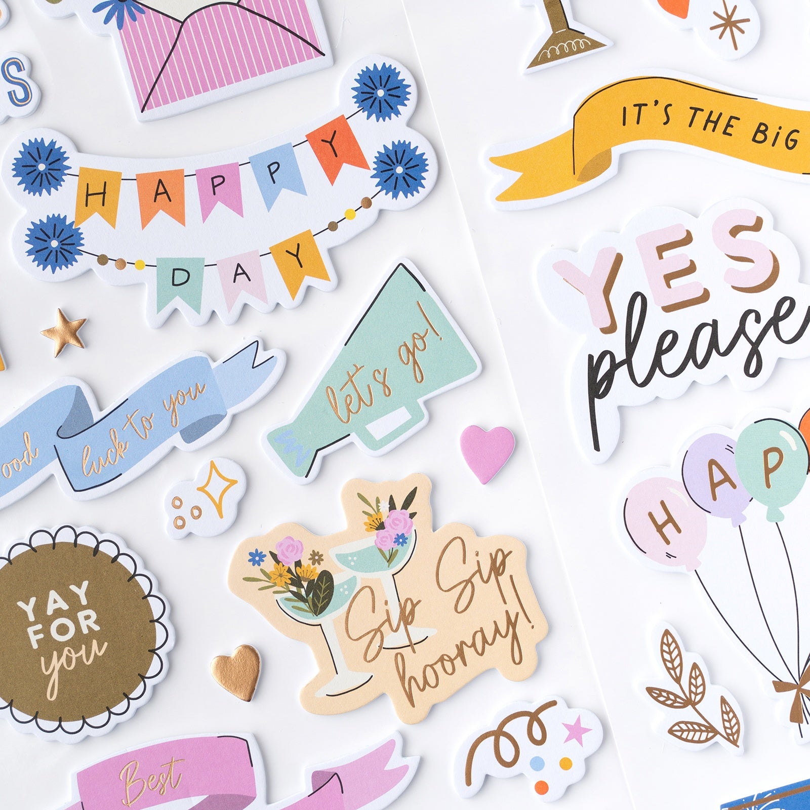 American Crafts Life Of The Party Thickers Stickers - Gold Foil Phrase,  34 Pieces