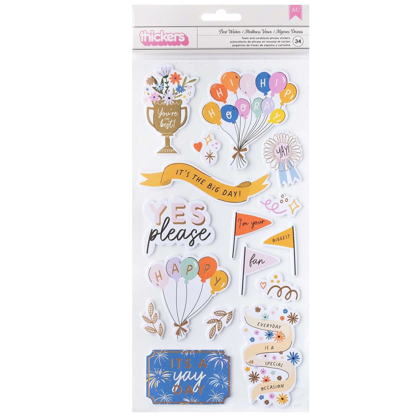 American Crafts Life Of The Party Thickers Stickers - Gold Foil Phrase,  34 Pieces