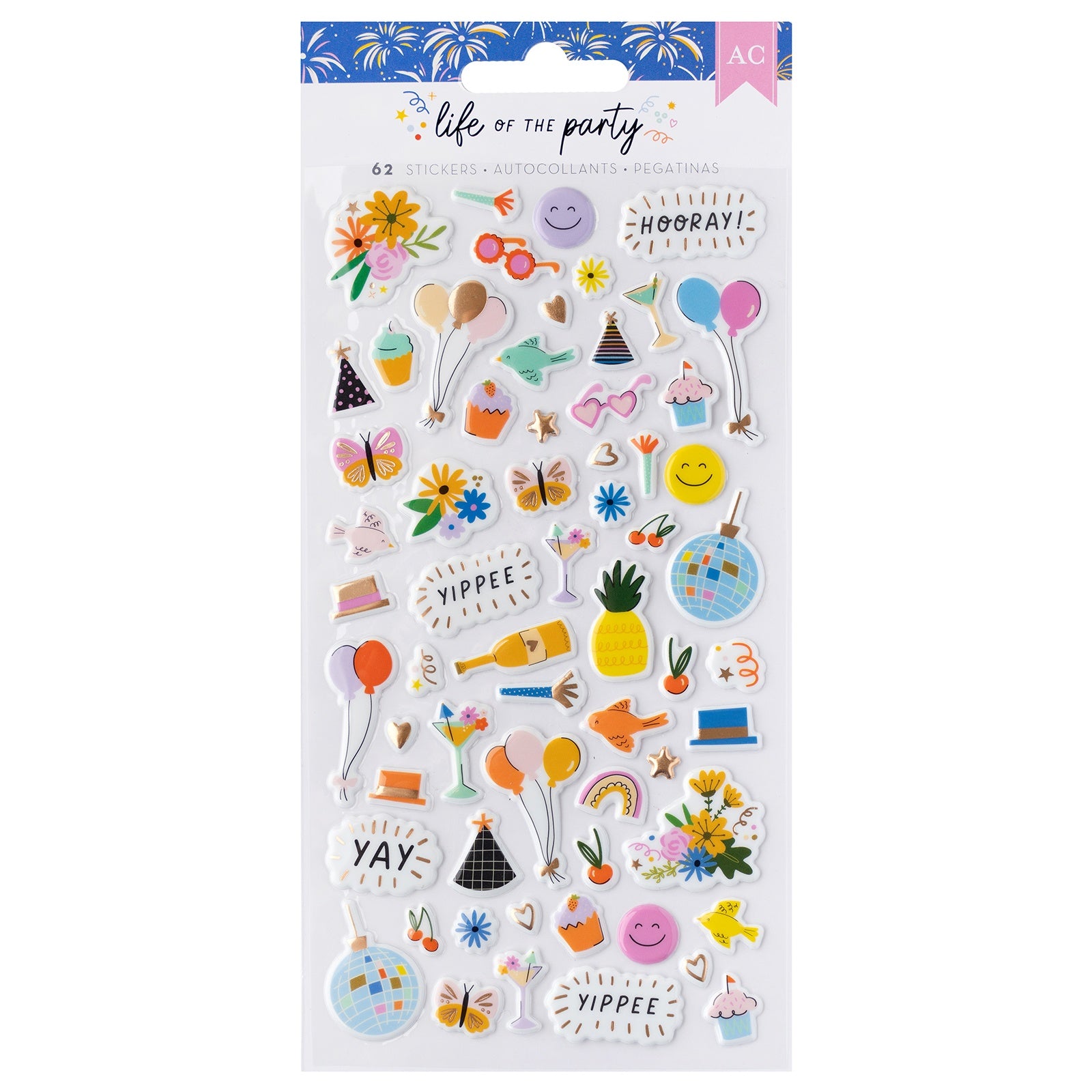 American Crafts Life Of The Party Puffy Stickers - Gold Foil Icons,  62 Pieces