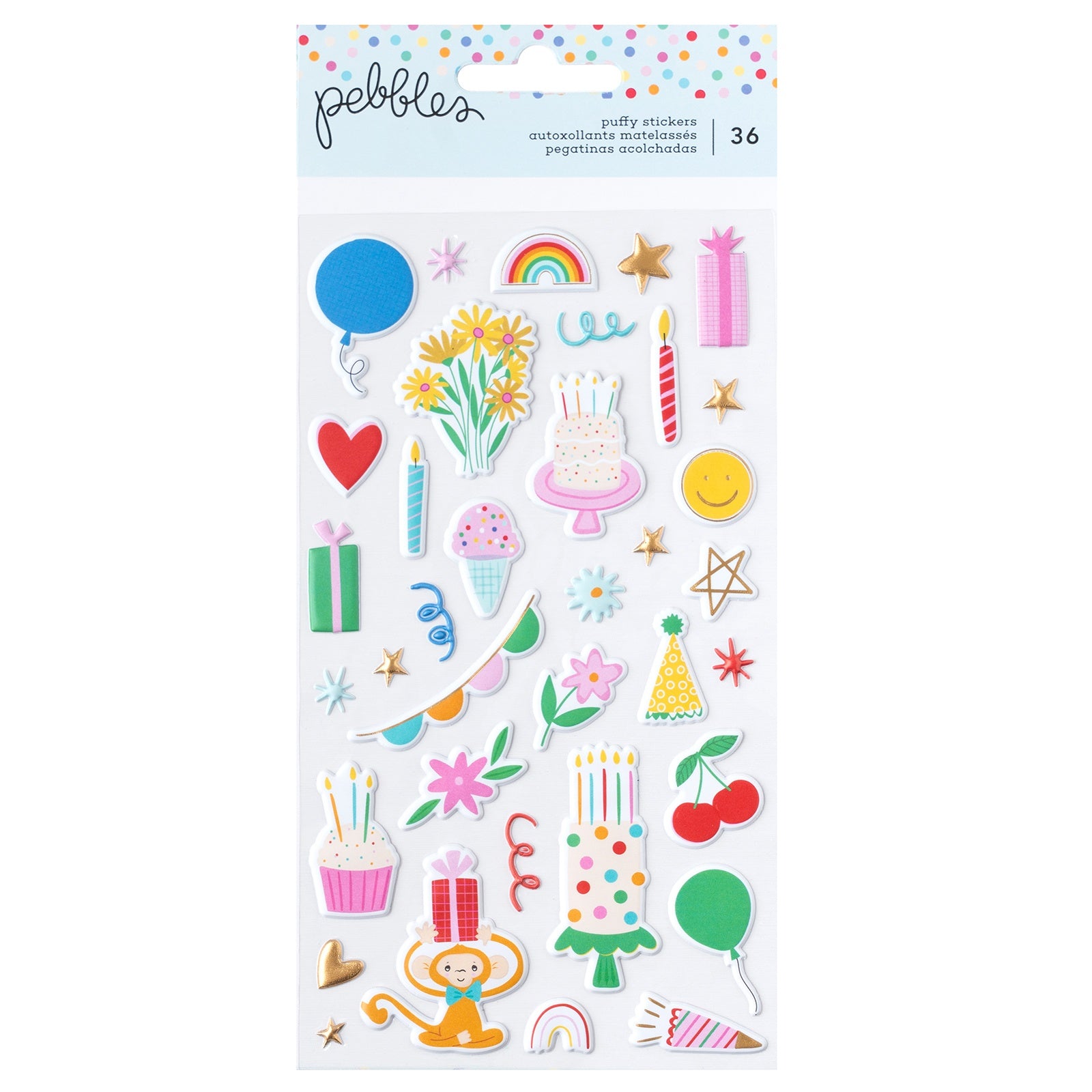 Pebbles All The Cake Puffy Stickers - Icons - Foil Accents,  36 Pieces