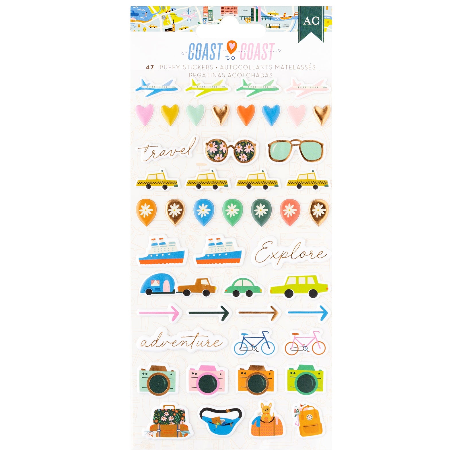 American Crafts Coast to Coast Puffy Stickers- Icons,  47 Pieces