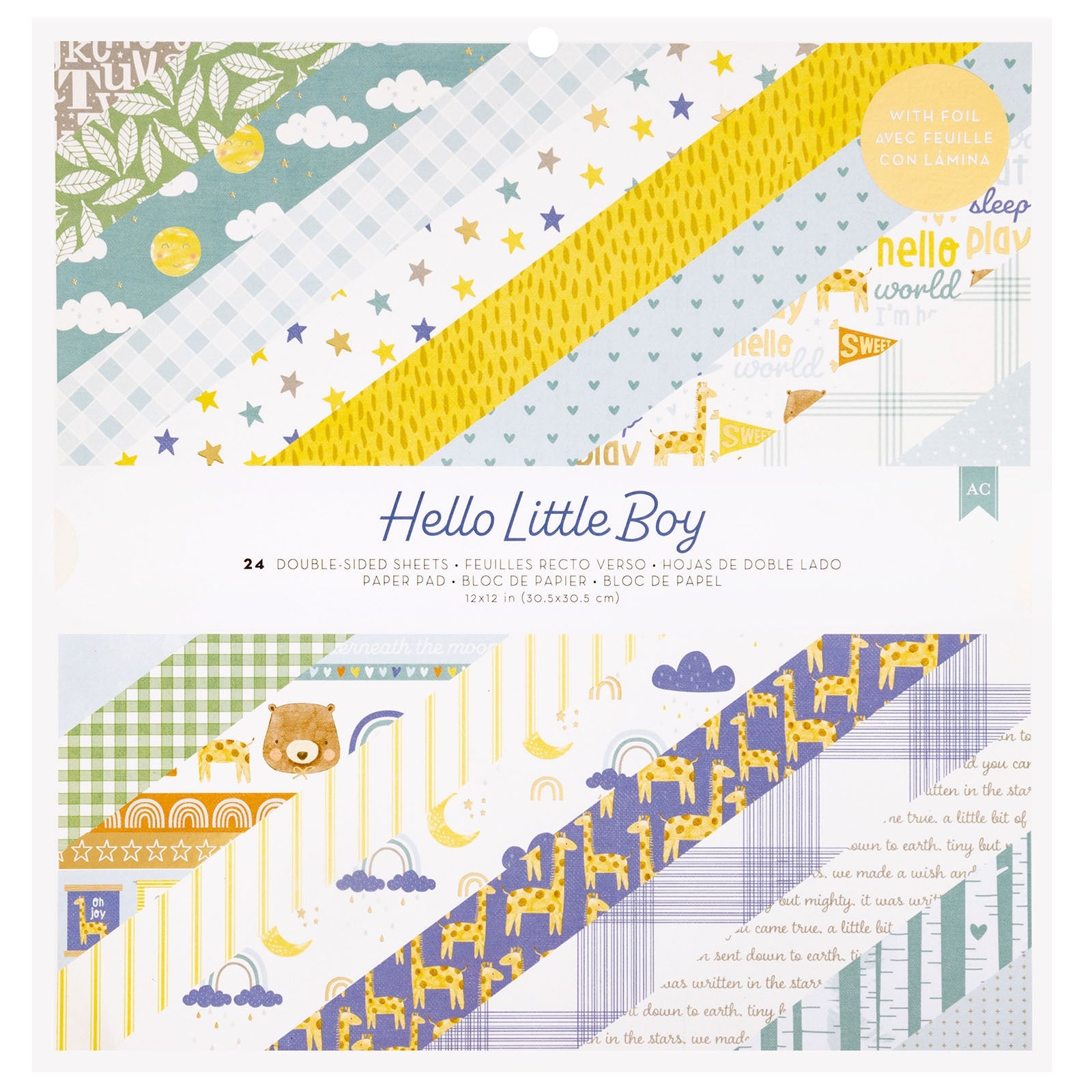 Hello Little Boy 12x12" Double-Sided Paper Pad with Gold Foil