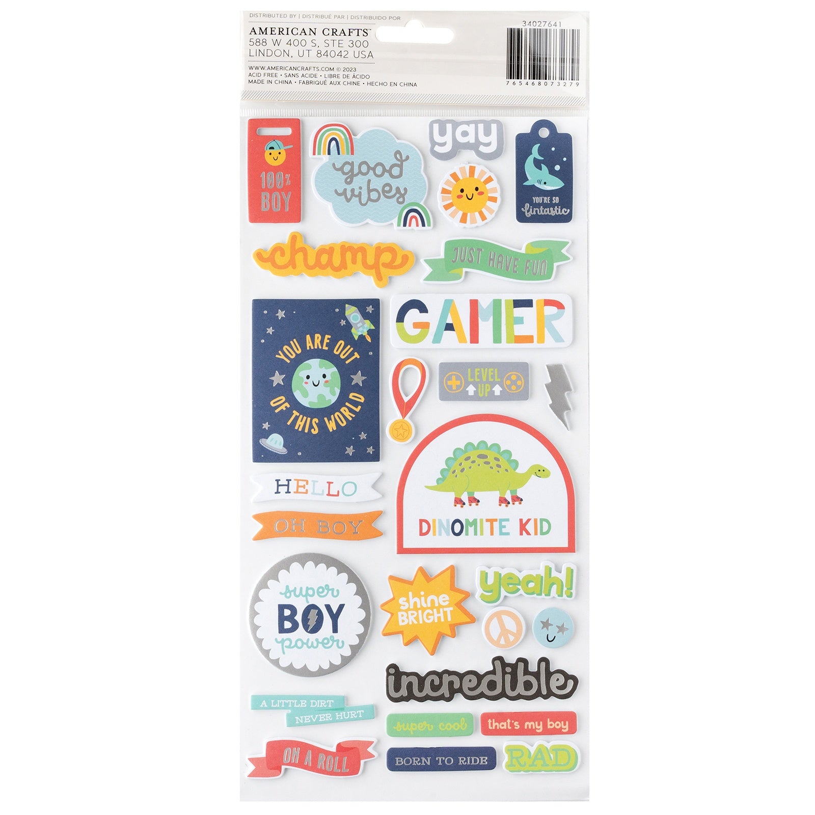 Pebbles Cool Boy Thickers Stickers - Phrase, Silver Foil,  50 Pieces